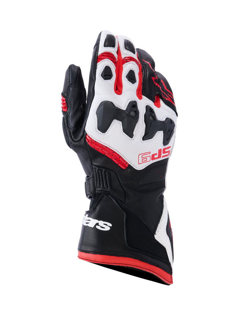 Alpinestars SP-9 Handschuhe, Motorrad-Rennsport-Handschuhe, Schwarz, Weiß und Hellrot, mit geteiltem SP-R Knöchelschutz, perforiertem Ziegenleder, rotem SP-9-Branding auf dem Handrücken und weißem Logo auf der langen Doppelverschluss-Manschette.