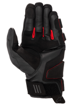 Alpinestars Phenom Leather Gloves, Motorcycle Gloves, Black and Bright Red, palm side view showing premium goat leather, red fabric between fingers, reinforced impact zones, and adjustable velcro wrist closure
