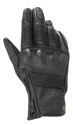 Alpinestars Rayburn V2 Leather Gloves, Black, urban motorcycle gloves with perforated leather construction, ribbed accordion inserts on fingers and backhand, side zipper closure, and heritage-inspired styling.
