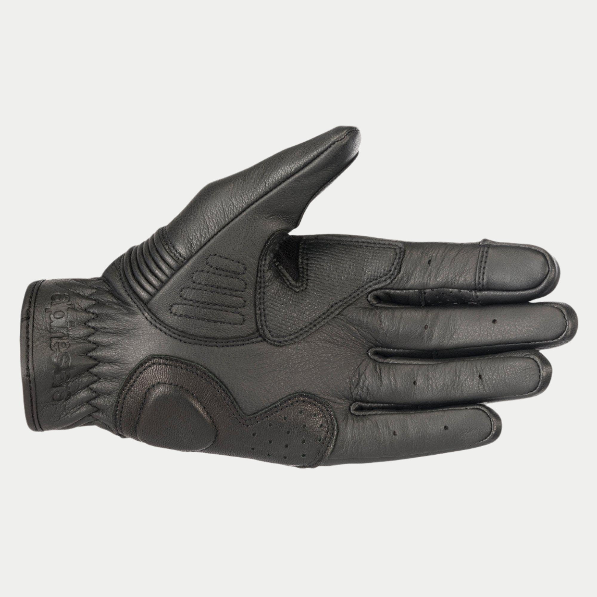 Alpinestars Crazy Eight Handschuhe, Motorradhandschuhe, Schwarz, Innenansicht der Handfläche mit verstärkter Lederkonstruktion, texturierten Grip-Einsätzen an Handfläche und Daumen sowie geprägtem Branding am Handgelenksbündchen