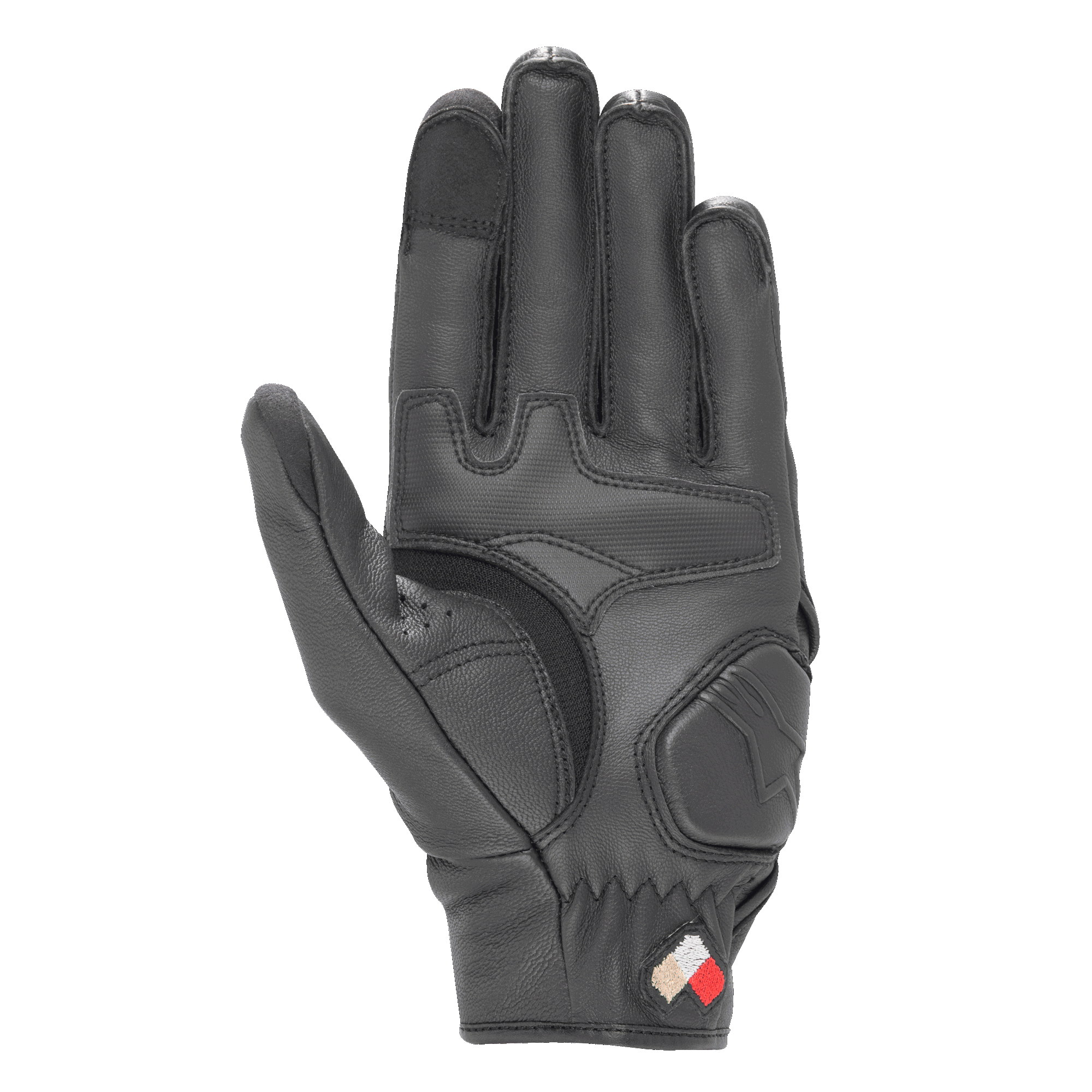 Alpinestars Dyno Lederhandschuhe, Schwarz, Handflächenansicht mit gepolsterten Verstärkungen und Ziegenlederkonstruktion, touchscreenkompatible Fingerspitzen, kurzer Straßenhandschuh für den urbanen Einsatz