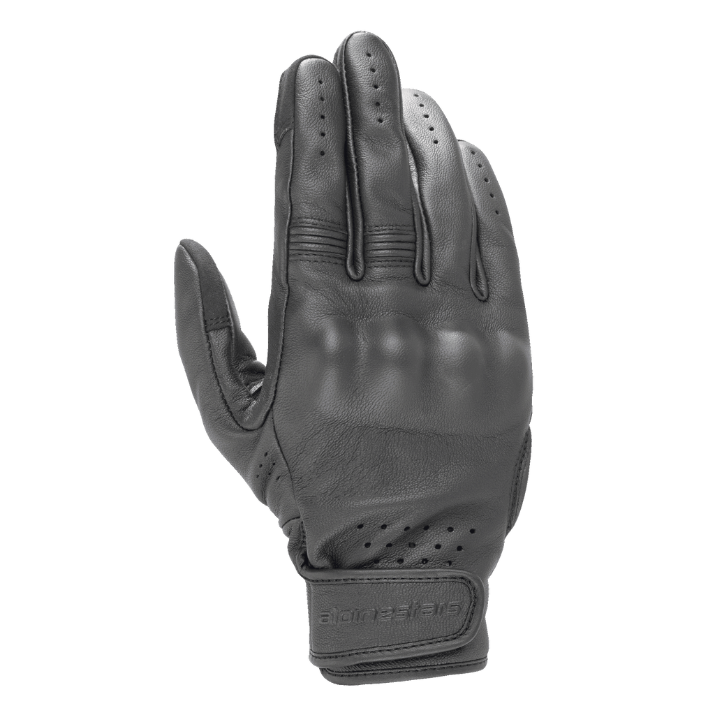 Alpinestars Dyno Lederhandschuhe, schwarze Motorradhandschuhe, Ziegenleder-Konstruktion mit abgedecktem Hartschalen-Knöchelschutz, perforierte Belüftung an Fingern und Handgelenk, Klettverschluss, minimalistisches urbanes Design