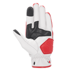 Alpinestars Dyno Lederhandschuhe, Motorrad-Lederhandschuhe, Ecru und Rubinrot, Ansicht der Handfläche mit schwarzen Lederverstärkungen, rote gepolsterte Aufprallzone, Touchscreen-kompatible Fingerspitzen an Zeigefinger und Daumen, strapazierfähige Ziegenlederkonstruktion für den urbanen Einsatz