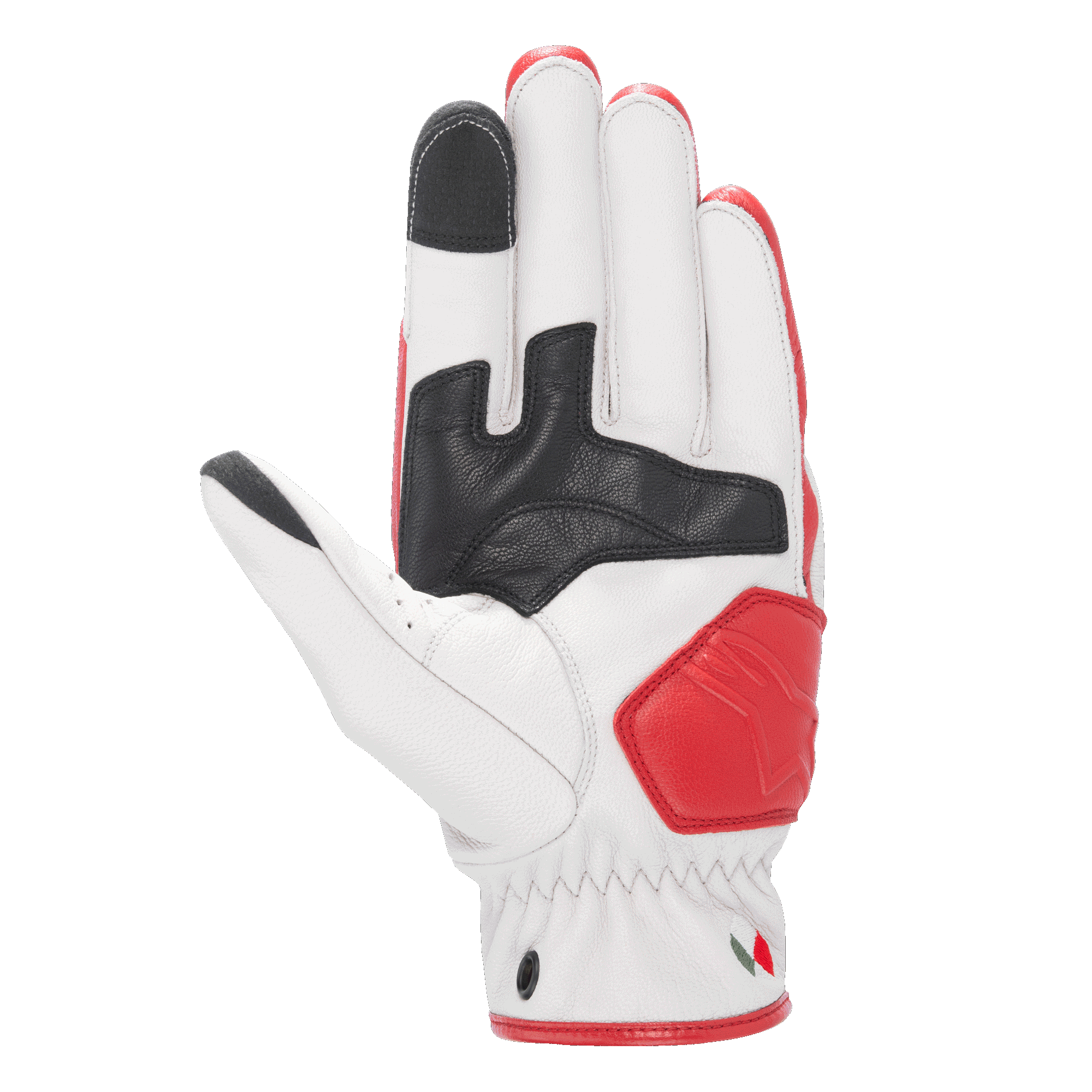 Alpinestars Dyno Lederhandschuhe, Motorrad-Lederhandschuhe, Ecru und Rubinrot, Ansicht der Handfläche mit schwarzen Lederverstärkungen, rote gepolsterte Aufprallzone, Touchscreen-kompatible Fingerspitzen an Zeigefinger und Daumen, strapazierfähige Ziegenlederkonstruktion für den urbanen Einsatz