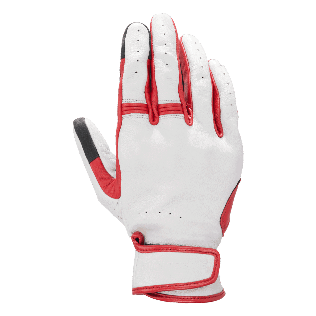 Alpinestars Dyno Lederhandschuhe, Motorradhandschuhe, Ecru und Rubinrot, perforierte Lederkonstruktion, Akkordeon-Einsätze an den Fingern, verstellbarer Handgelenkverschluss, abgedeckter Knöchelschutz
