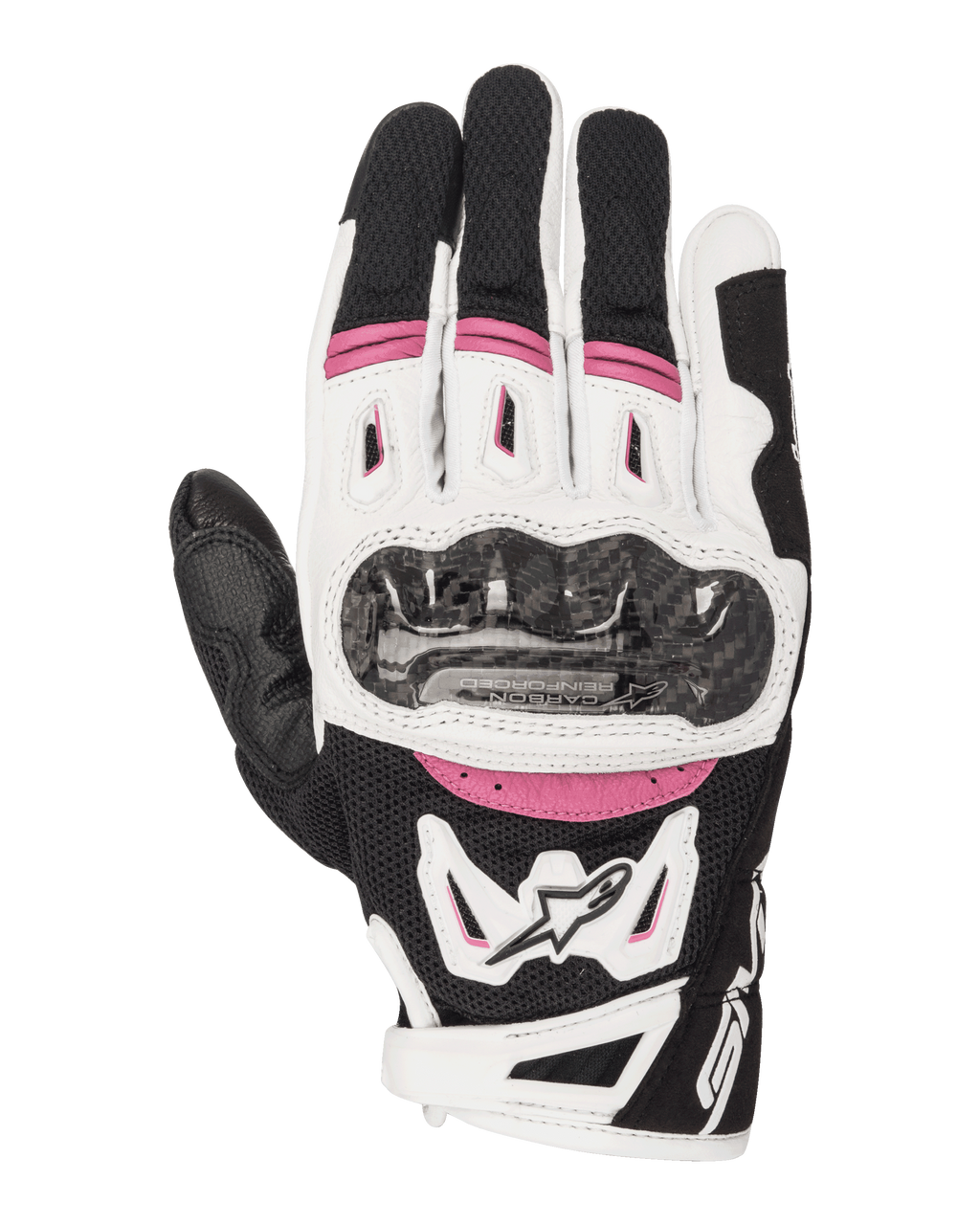 Alpinestars Stella SMX-2 Air Carbon V2 Handschuhe, Damen-Motorrad-Rennsport-Handschuhe, Schwarz, Weiß und Fuchsia, mit Carbon-Knöchelschutz, 3D-Mesh-Belüftung und Alpinestars-Logo, sportliches Kurzmanschetten-Design