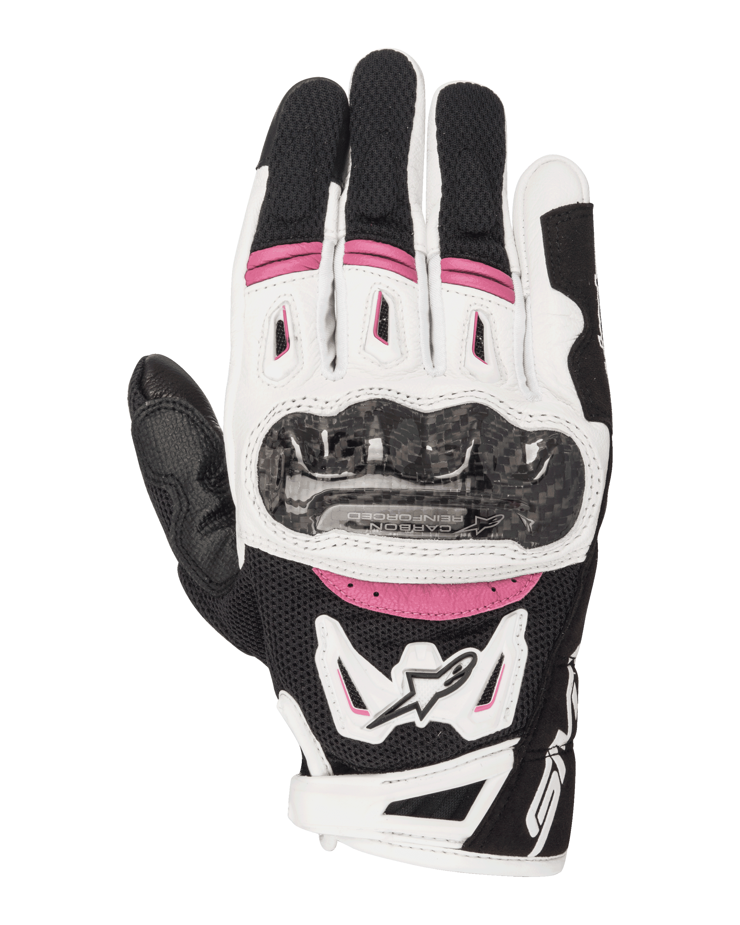 Alpinestars Stella SMX-2 Air Carbon V2 Handschuhe, Damen-Motorrad-Rennsport-Handschuhe, Schwarz, Weiß und Fuchsia, mit Carbon-Knöchelschutz, 3D-Mesh-Belüftung und Alpinestars-Logo, sportliches Kurzmanschetten-Design