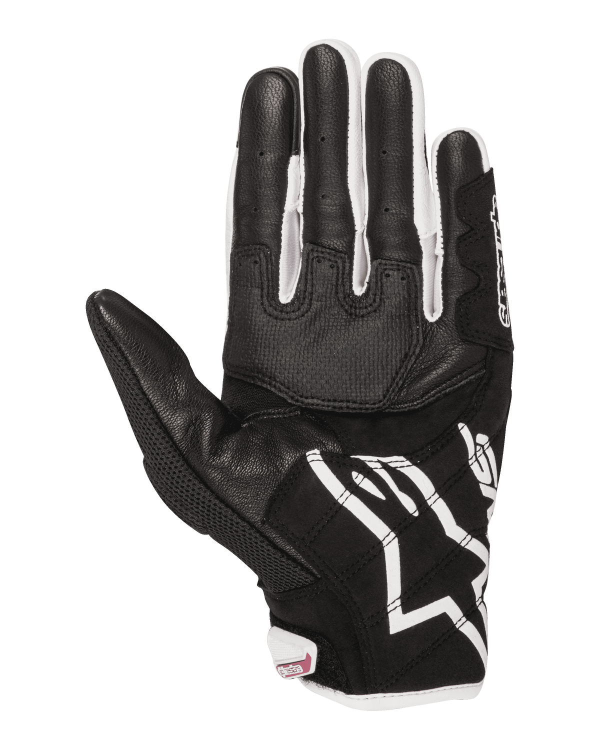 Alpinestars Stella SMX-2 Air Carbon V2 Damen-Handschuhe, Motorradhandschuhe, Handflächenansicht, Schwarz und Weiß mit fuchsiafarbenen Details, Leder- und Mesh-Konstruktion mit verstärkter Handfläche und Touchscreen-kompatiblen Fingerspitzen