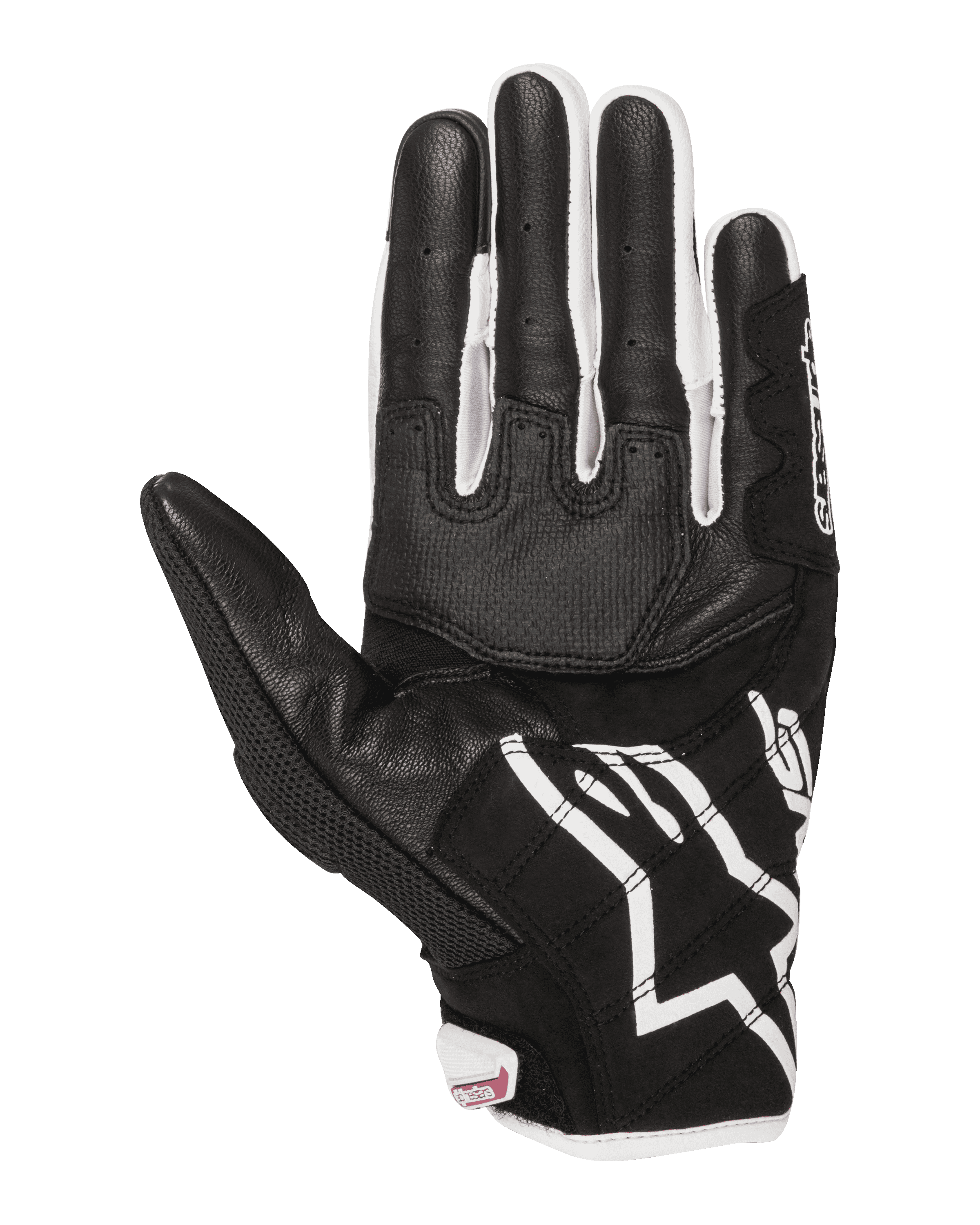 Alpinestars Stella SMX-2 Air Carbon V2 Damen-Handschuhe, Motorradhandschuhe, Handflächenansicht, Schwarz und Weiß mit fuchsiafarbenen Details, Leder- und Mesh-Konstruktion mit verstärkter Handfläche und Touchscreen-kompatiblen Fingerspitzen