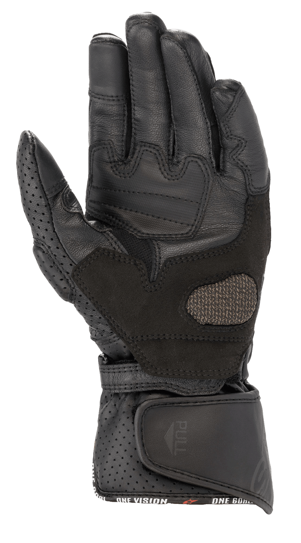 Alpinestars Stella SP-8 V3 Damen-Handschuhe, Motorradhandschuhe, Schwarz, Handflächenansicht mit verstärkten Lederbahnen und perforierten Details, breiter verstellbarer Handgelenksverschluss mit Zuglasche, Hochleistungs-Schutzausrüstung für Damen