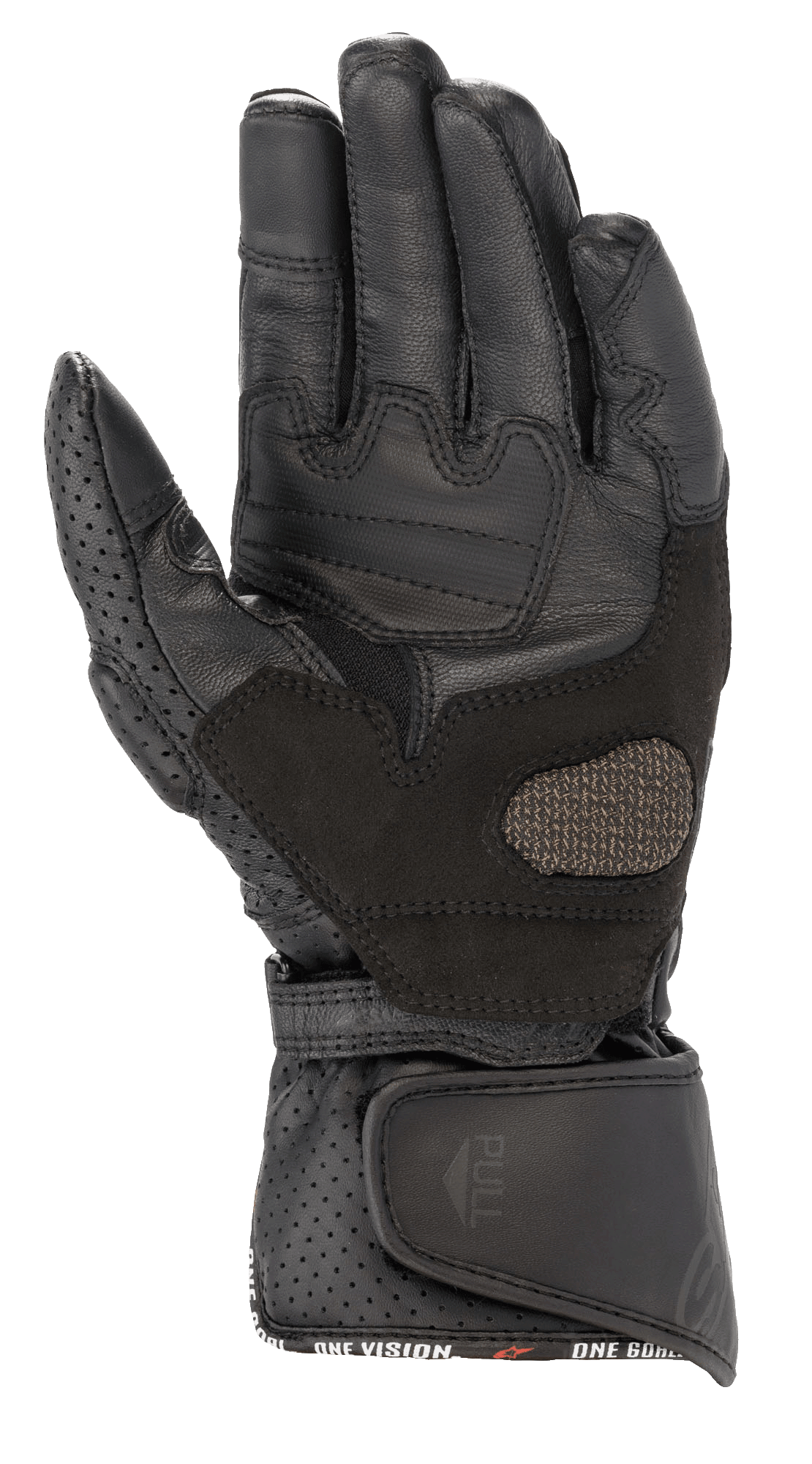 Alpinestars Stella SP-8 V3 Damen-Handschuhe, Motorradhandschuhe, Schwarz, Handflächenansicht mit verstärkten Lederbahnen und perforierten Details, breiter verstellbarer Handgelenksverschluss mit Zuglasche, Hochleistungs-Schutzausrüstung für Damen