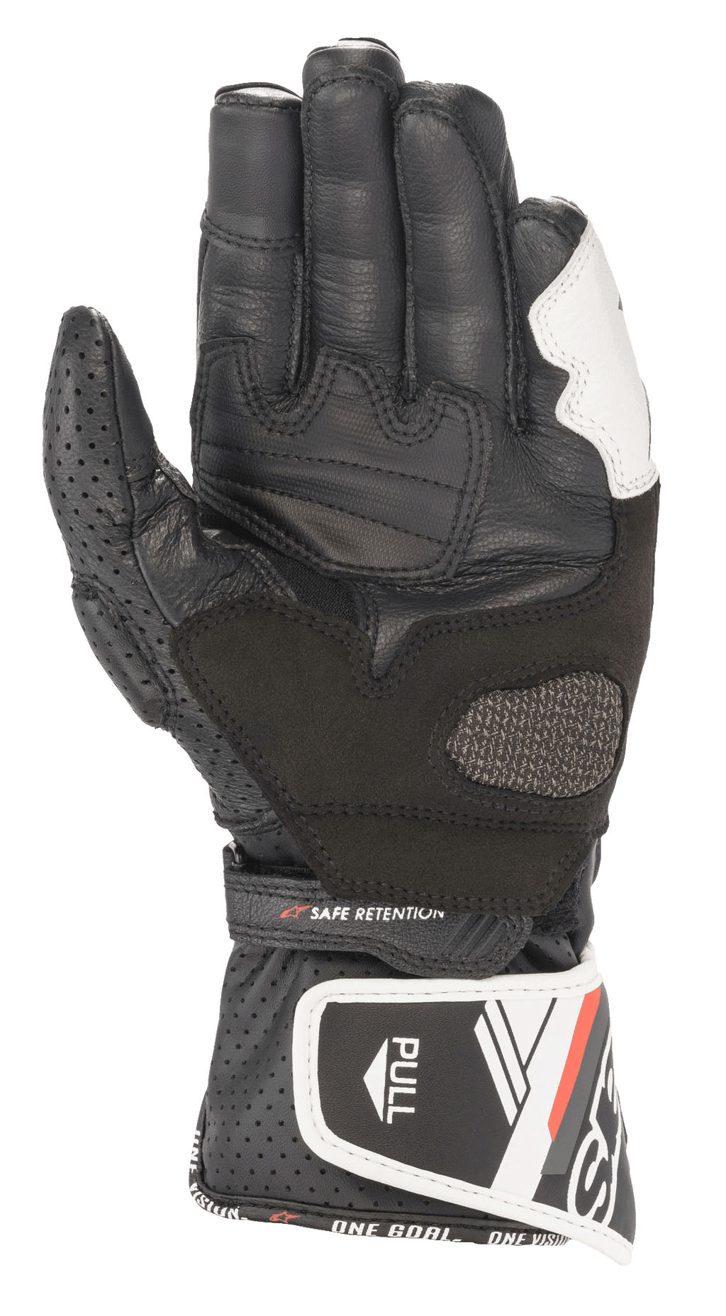 Alpinestars Stella SP-8 V3 Damenhandschuhe, Leder-Motorradhandschuhe, Schwarz und Weiß, Handflächenansicht mit perforiertem Lederdaumen, verstärkten Griffeinsätzen, verstellbarem Handgelenkriemen mit „SAFE RETENTION“-Schriftzug und langer Stulpe mit „PULL“-Lasche und Markenschriftzug