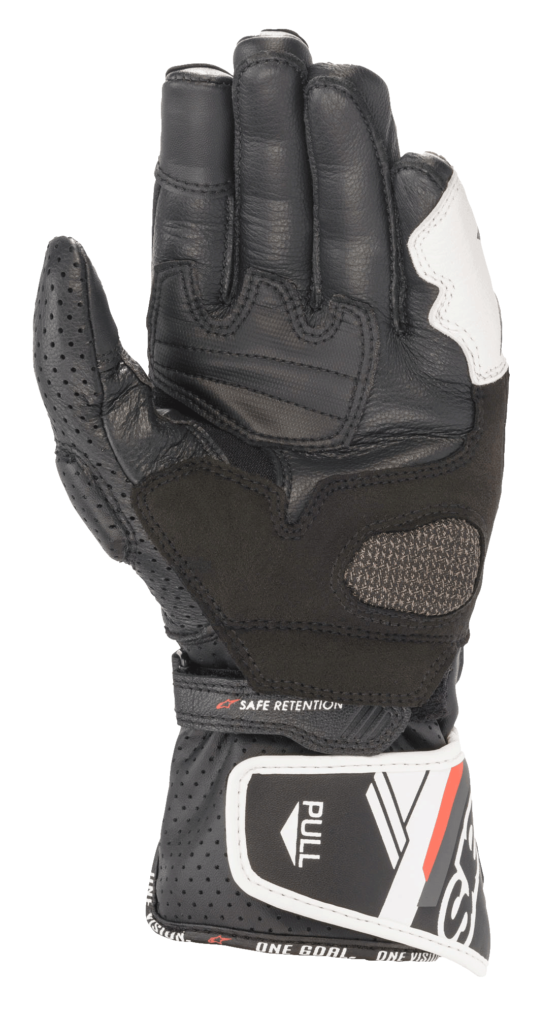Alpinestars Stella SP-8 V3 Damenhandschuhe, Leder-Motorradhandschuhe, Schwarz und Weiß, Handflächenansicht mit perforiertem Lederdaumen, verstärkten Griffeinsätzen, verstellbarem Handgelenkriemen mit „SAFE RETENTION“-Schriftzug und langer Stulpe mit „PULL“-Lasche und Markenschriftzug