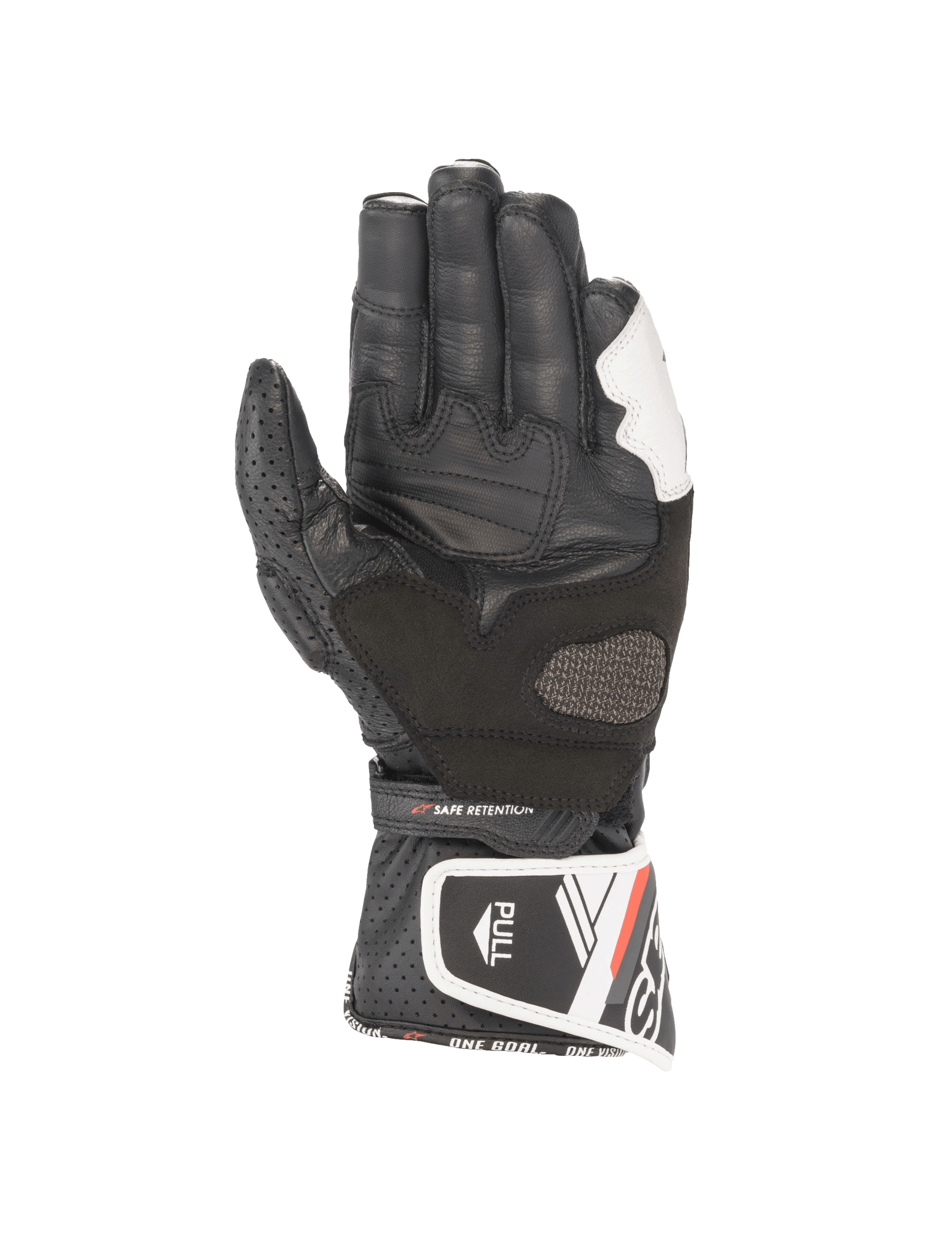 Alpinestars Stella SP-8 V3 Damen-Leder-Motorradhandschuhe, Schwarz und Weiß, Handflächenansicht mit verstärktem Grip.