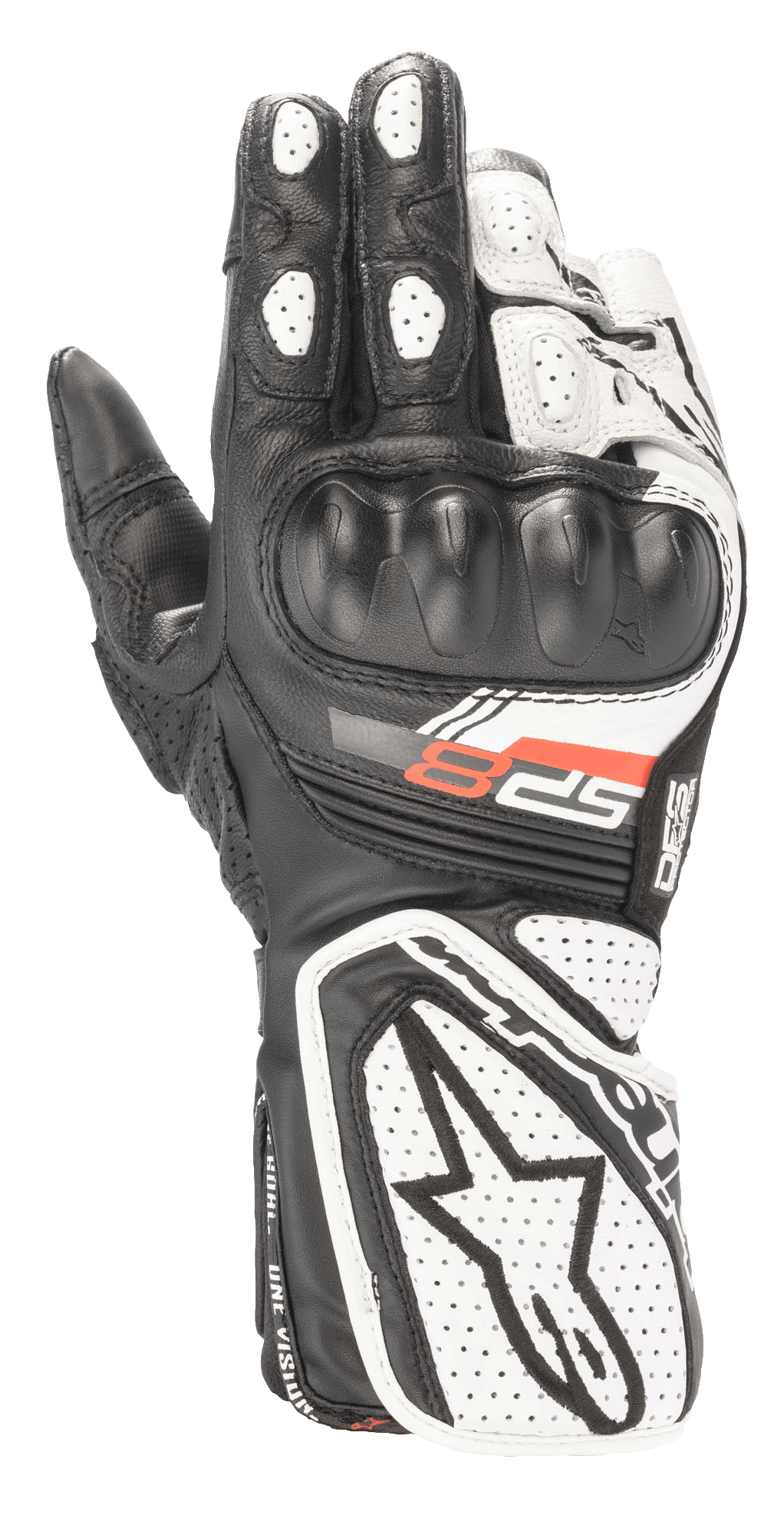 Alpinestars Stella SP-8 V3 Damen-Motorradhandschuhe, Schwarz und Weiß, mit geformtem Hartschalen-Knöchelschutz, perforierten Ledereinsätzen für Atmungsaktivität, verlängerter Stulpe mit großem Stern-Logo und roter SP-8-Grafik