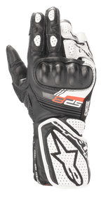 Alpinestars Stella SP-8 V3 Damen-Motorradhandschuhe, Schwarz und Weiß, mit geformtem Hartschalen-Knöchelschutz, perforierten Ledereinsätzen für Atmungsaktivität, verlängerter Stulpe mit großem Stern-Logo und roter SP-8-Grafik