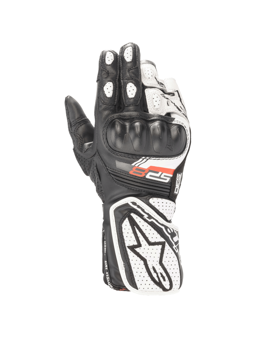 Alpinestars Stella SP-8 V3 Damen-Motorradhandschuhe aus Leder, Schwarz und Weiß, mit CE-zertifiziertem Knöchelschutz.