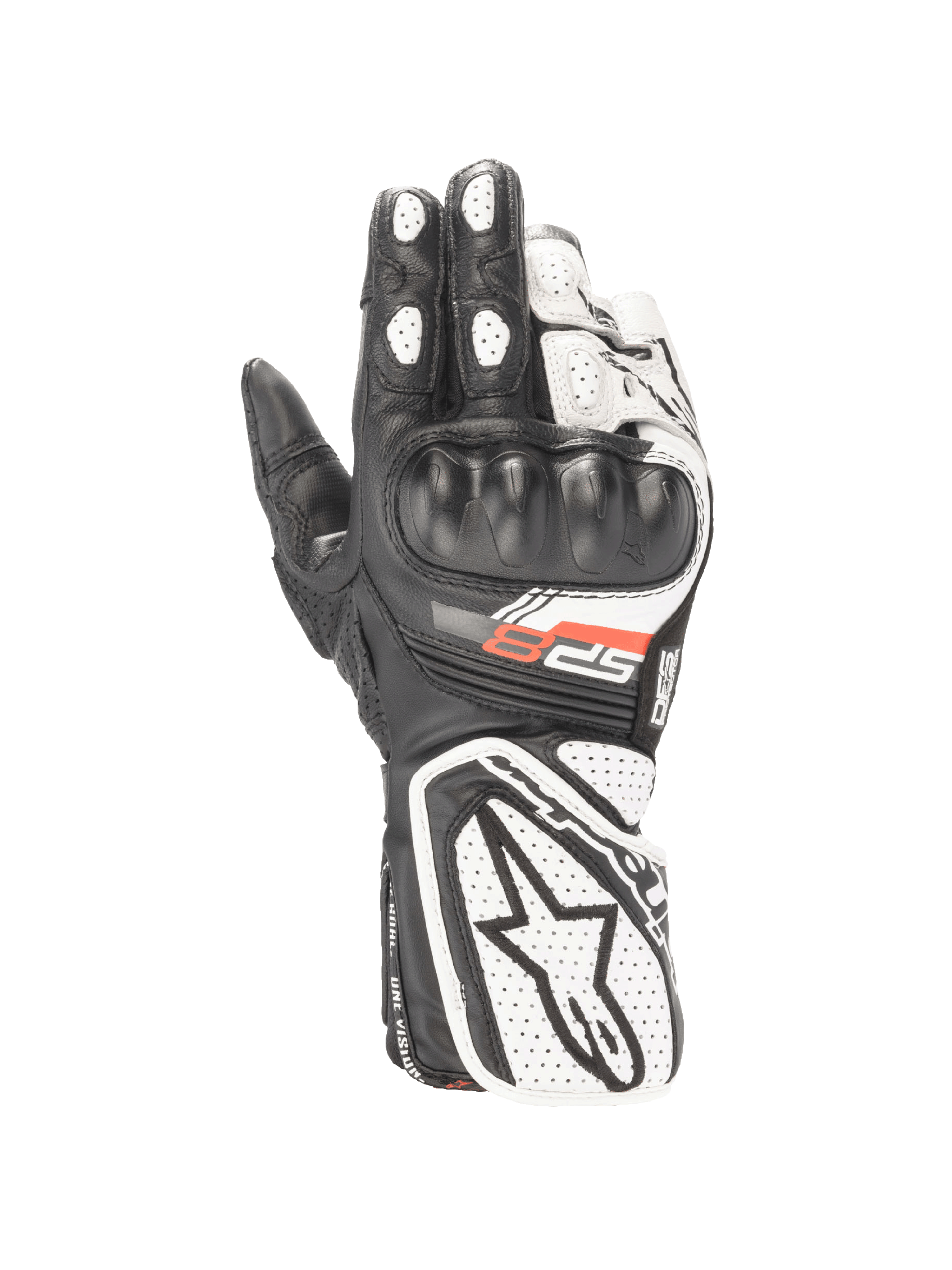 Alpinestars Stella SP-8 V3 Damen-Motorradhandschuhe aus Leder, Schwarz und Weiß, mit CE-zertifiziertem Knöchelschutz.