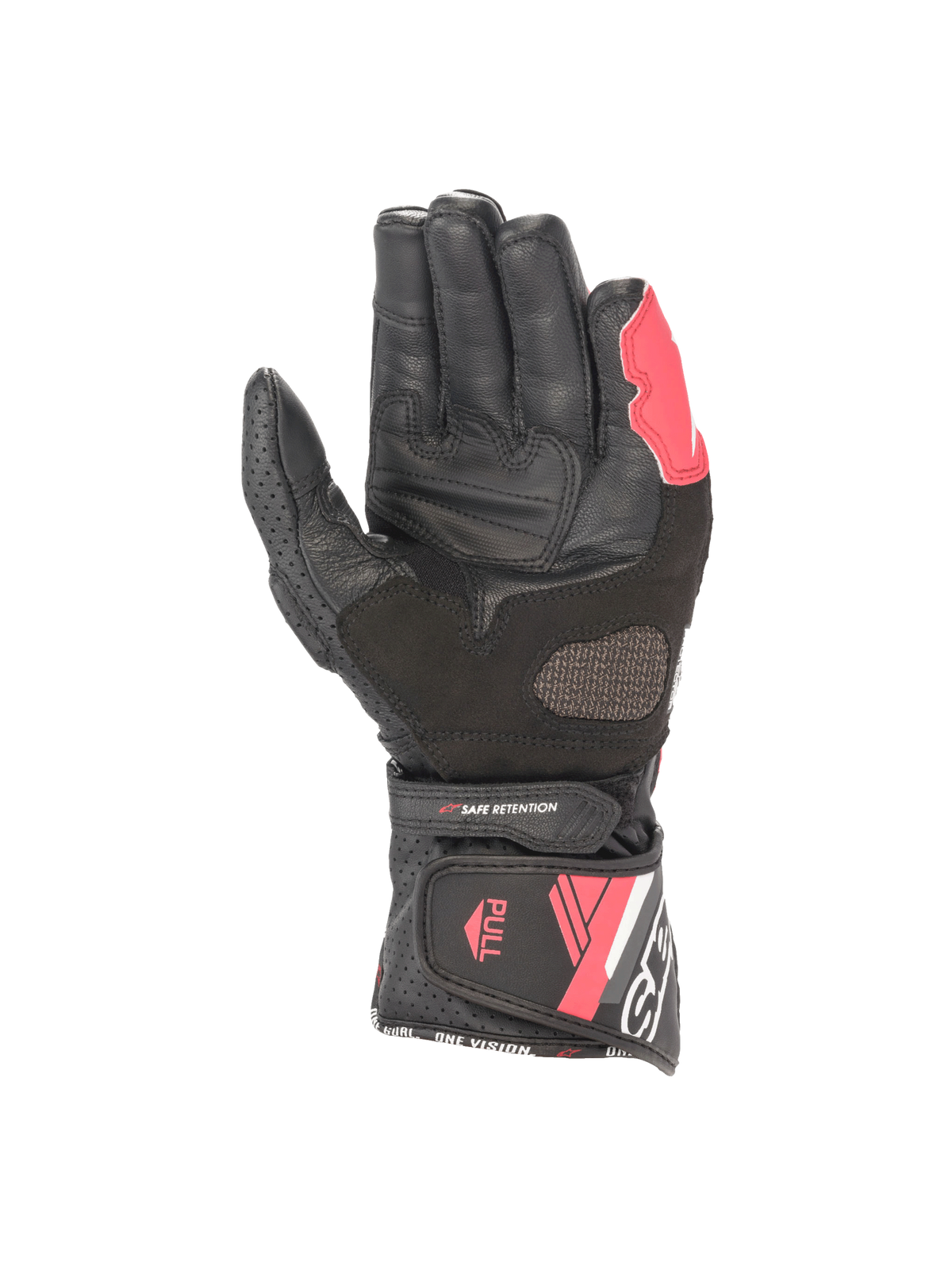 Alpinestars Stella SP-8 V3 Damen-Motorradhandschuhe, Schwarz und Diva Rosa, Lederhandfläche mit sicherem Klettverschluss.