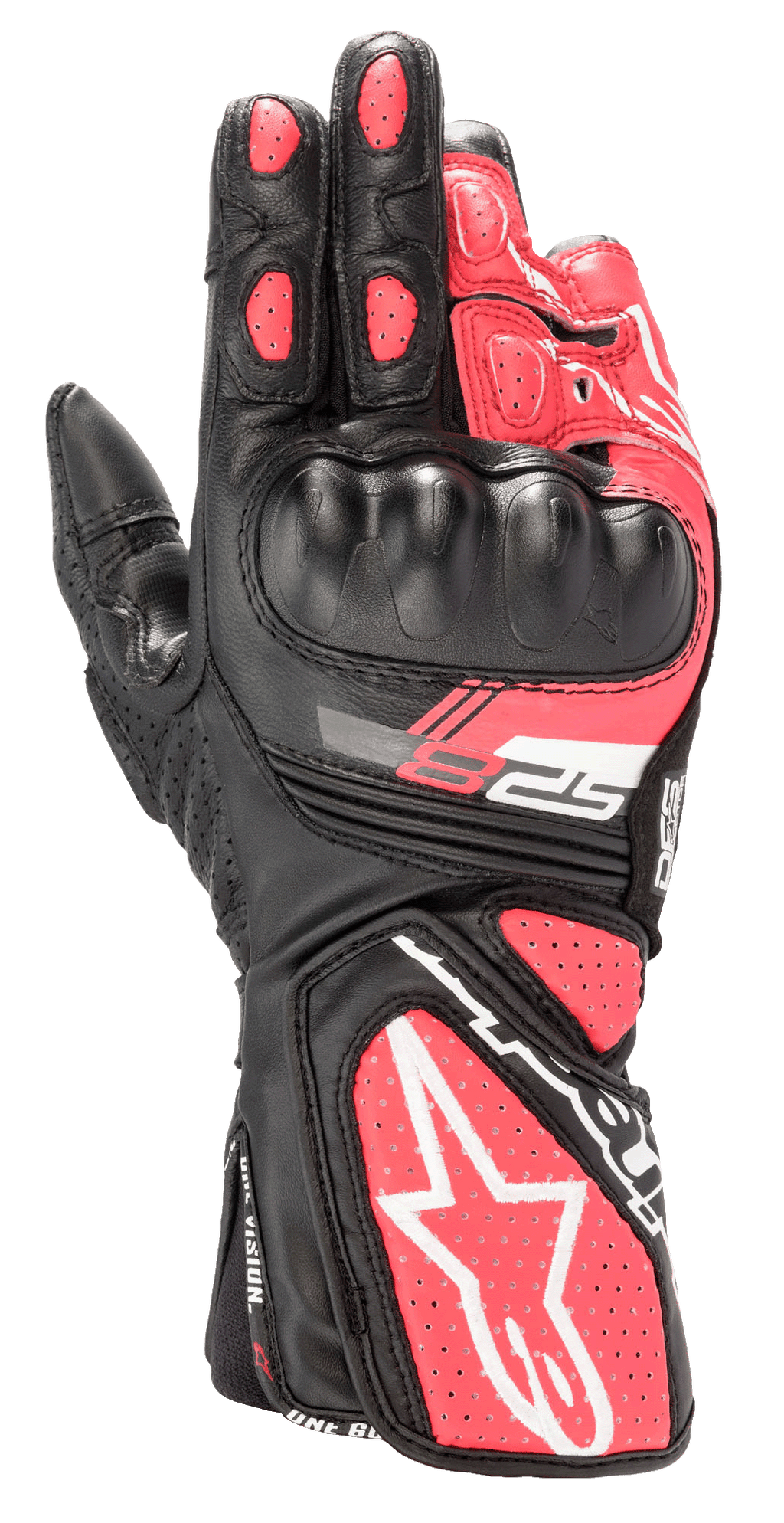 Alpinestars Stella SP-8 V3 Damen-Handschuhe, Motorrad-Sporthandschuhe, Schwarz, Weiß und Diva Pink, mit geformtem Hartschalen-Knöchelschutz, perforierten pinkfarbenen Lederbahnen, langer Manschette mit großem weißen Stern-Logo und SP-8-Branding