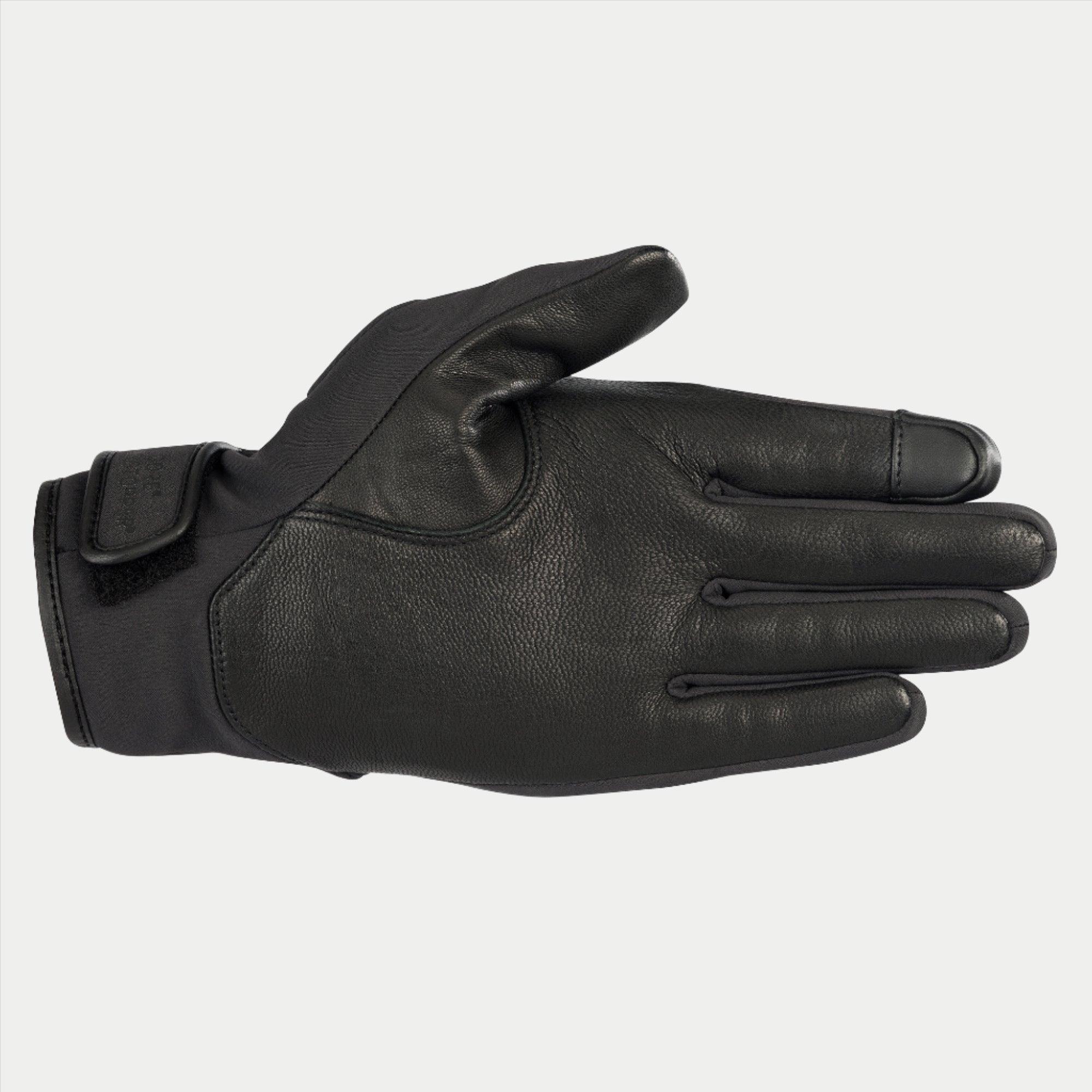 Alpinestars Damen Stella C1 Windstopper V2 Handschuhe, Schwarz, Handflächenansicht mit Verstärkungen aus vollnarbigem Leder und touchscreen-kompatibler Zeigefingerspitze, Klettverschluss an der Manschette, schlankes urbanes Design