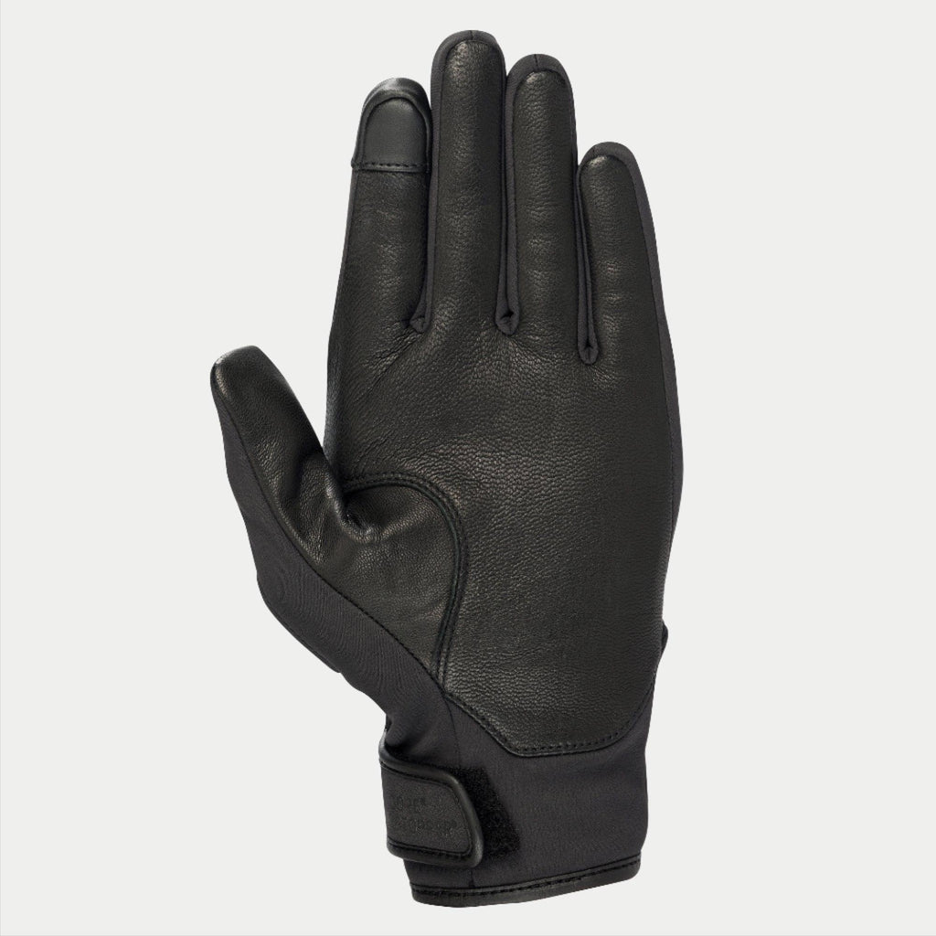Alpinestars C1 Windstopper V2 Gloves, Black, palm view featuring full-grain leather reinforcements on palm and thumb, touchscreen-compatible index fingertip, short cuff with hook and loop closure, urban commuting motorcycle glove