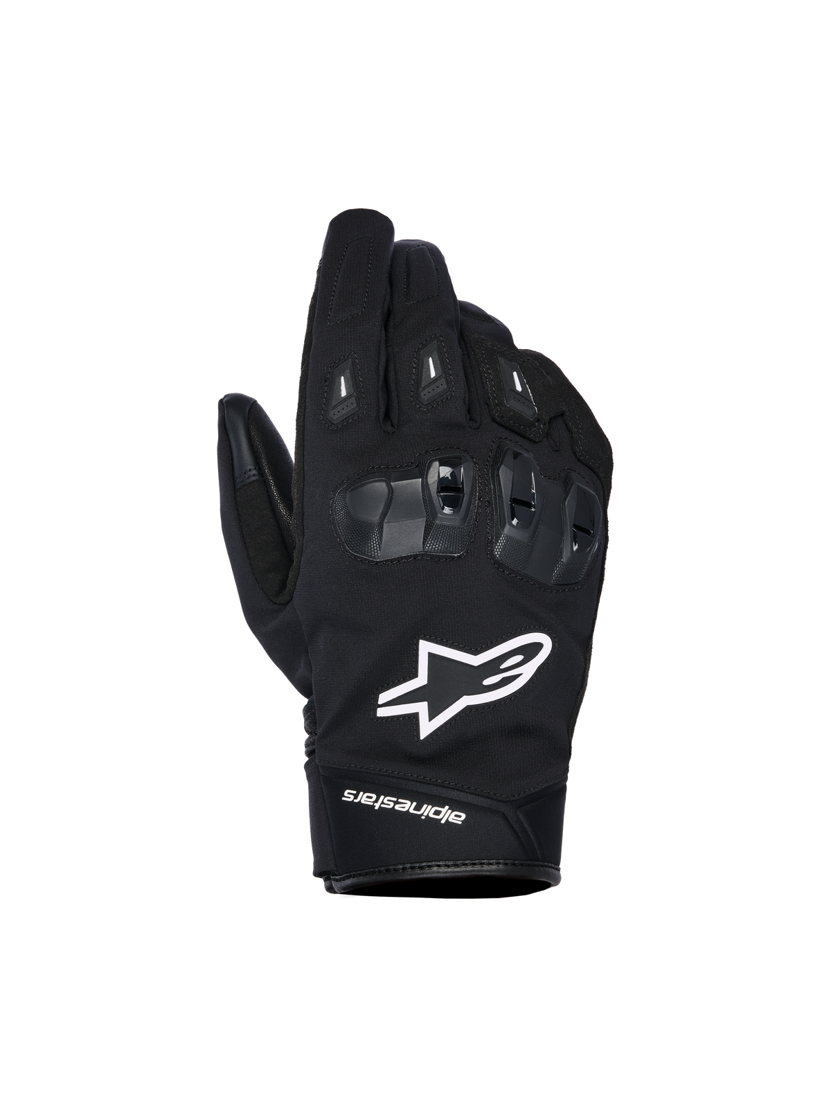 Alpinestars SP X Z wasserdichte Handschuhe, schwarze Motorradhandschuhe mit weißem Stern-Logo, strukturierter SP X TPU-Knöchelschutz mit glänzend schwarzen Segmenten, schlankes Street-Design mit verstärkten Nähten, wasserdichte Konstruktion für Fahrten bei jedem Wetter