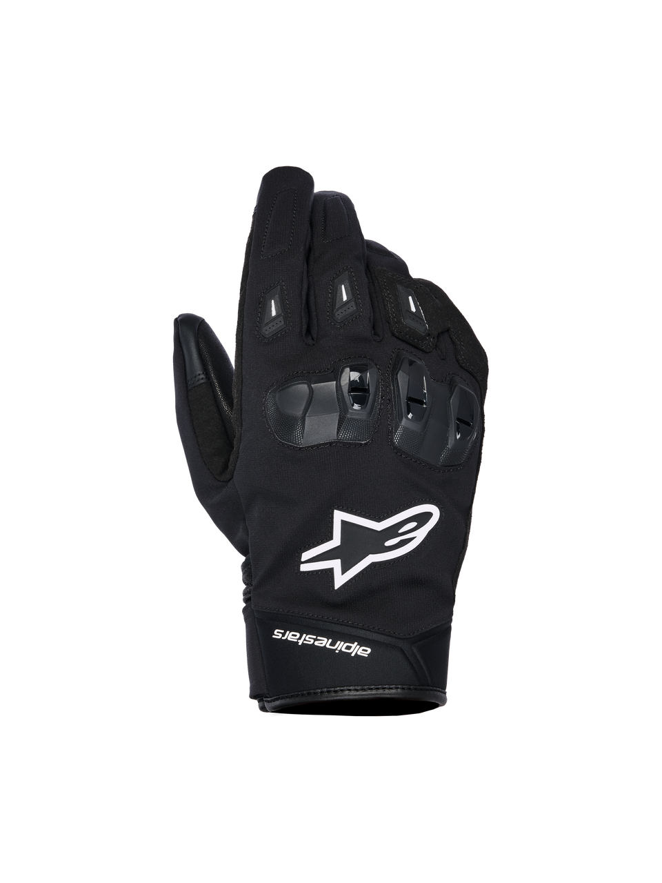 Alpinestars SP X Z Waterproof Gloves, Black motorcycle gloves with white star logo, featuring textured SP X TPU knuckle protection with glossy black segments, sleek street design with reinforced stitching, waterproof construction for all-weather riding