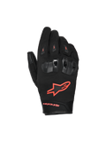 Alpinestars SP X Z Waterproof Gloves, Motorcycle Gloves, Black and Red Fluo, featuring divided TPU knuckle protectors with ventilation, bright red fluo logo on the back of the hand, and durable textile and leather construction for all-weather performance.