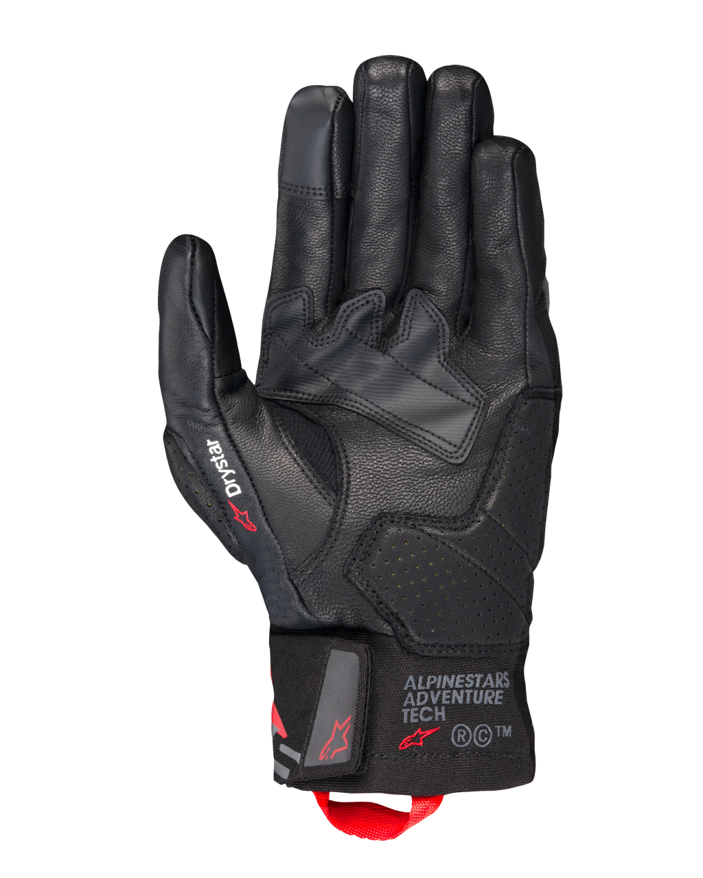 Alpinestars Belize V3 Drystar® Gloves, Black Motorcycle Touring Gloves, palm view featuring leather construction with perforated reinforcements, Drystar branding on the thumb, Adventure Tech logo on the cuff, and a red pull loop.