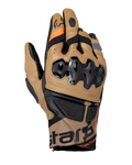Alpinestars Belize V3 Drystar Gloves, Adventure Motorcycle Gloves, Gobi Brown and Black, featuring injected SP knuckle protection, short cuff design, perforated leather panels, orange accents, and Alpinestars branding on the cuff