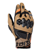 Alpinestars Belize V3 Drystar Gloves, Adventure Motorcycle Gloves, Gobi Brown and Black, featuring injected SP knuckle protection, short cuff design, perforated leather panels, orange accents, and Alpinestars branding on the cuff