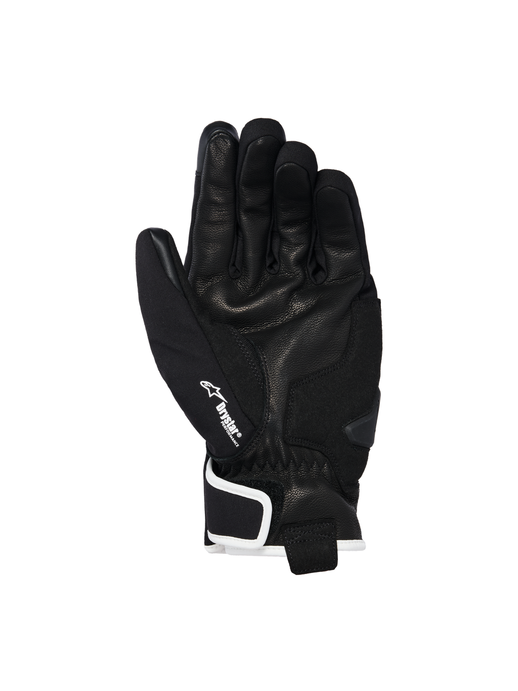 Alpinestars Moblast Wasserdichte Handschuhe, Schwarz mit Off-White-Details, Handflächenansicht zeigt Ziegenleder-Konstruktion, weißes Drystar-Logo am Daumen und Handflächenschieber-Verstärkung, urbane Motorradausrüstung mit kurzer Stulpe