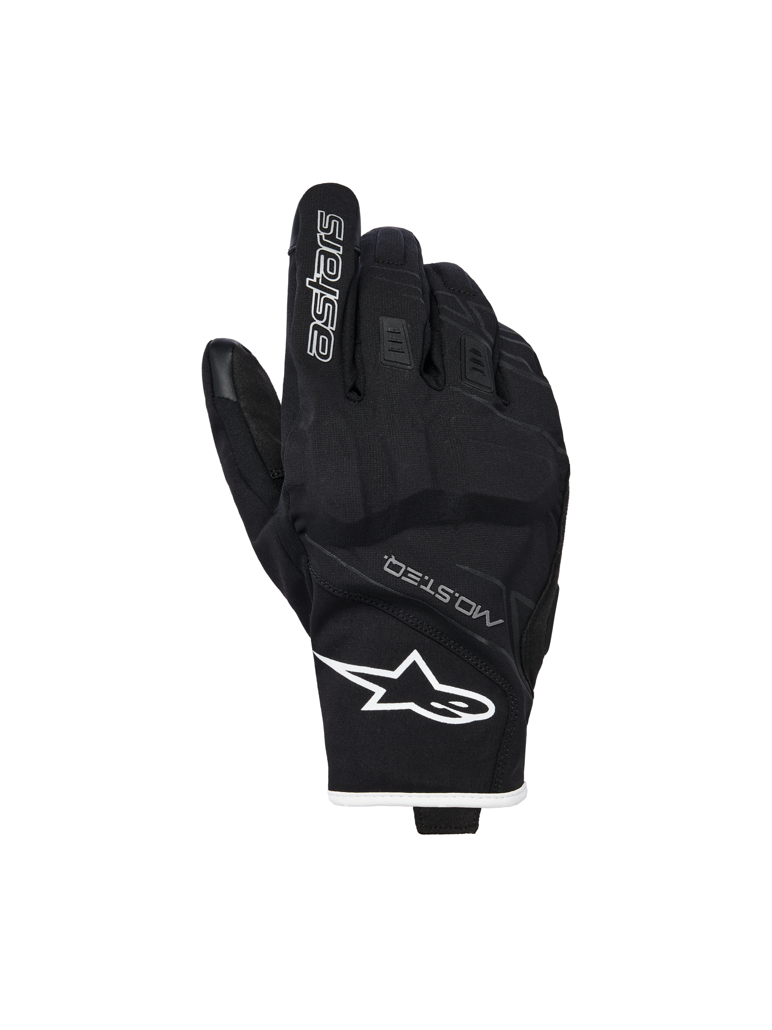 Alpinestars Moblast Wasserdichte Handschuhe, Motorradhandschuhe, Schwarz und Weiß, Rückansicht mit weißem Stern-Logo am Handgelenk und 'astars'-Branding auf dem Zeigefinger, mit MO.ST.EQ.-Schriftzug und texturiertem Stretchmaterial mit verstärkten Knöcheln, kurzes Stulpen-Design.