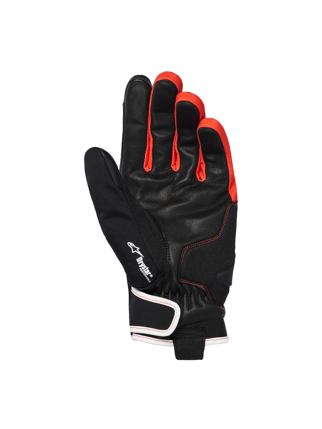 Alpinestars Moblast wasserdichte Handschuhe, Schwarz Anthrazit Orange, Handflächenansicht mit Ziegenleder-Konstruktion, Drystar-Logo, leuchtend orangefarbene Akzente zwischen den Fingern und Kurzmanschetten-Design mit weiß eingefasstem Handgelenkverschluss