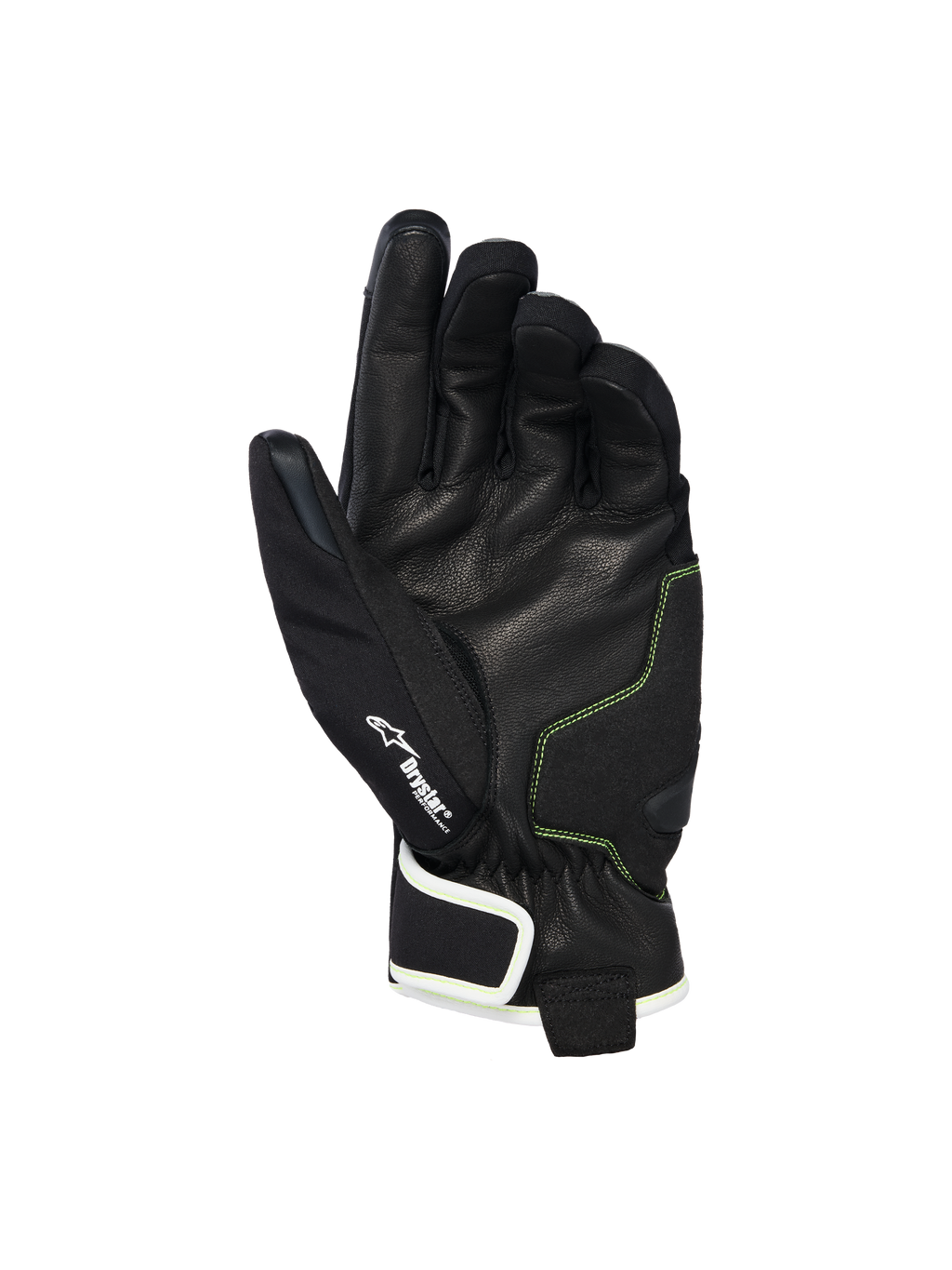 Alpinestars Moblast Waterproof Gloves, palm view showing black goat leather with Sulphur Yellow stitching, Drystar® logo detail, short-cuff motorcycle gloves designed for all-weather urban commuting