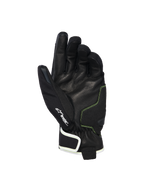 Alpinestars Moblast Waterproof Gloves, palm view showing black goat leather with Sulphur Yellow stitching, Drystar® logo detail, short-cuff motorcycle gloves designed for all-weather urban commuting