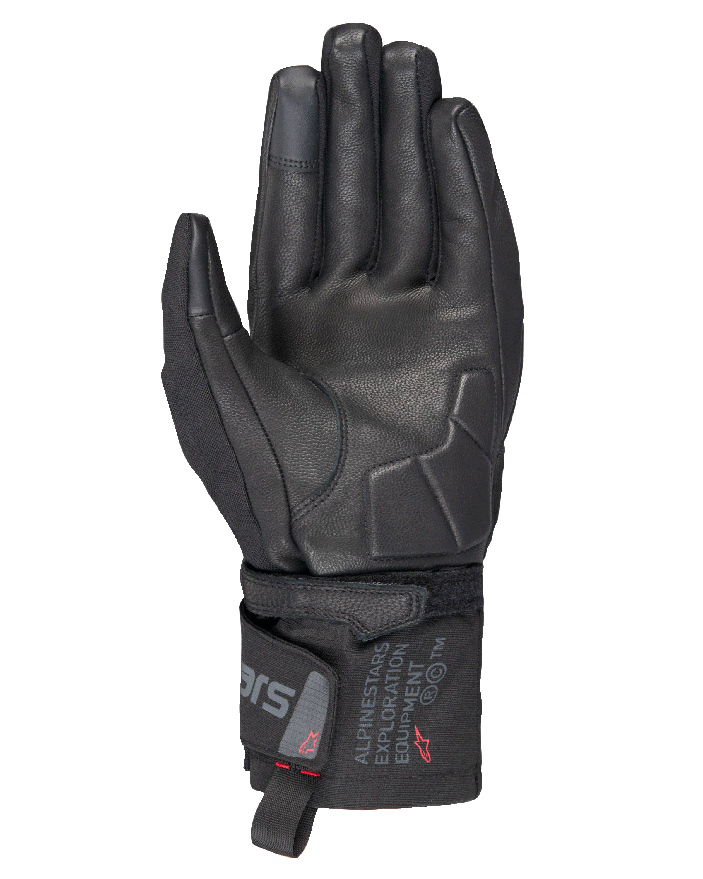 Alpinestars WT-3 Drystar® Insulated Gloves, Black motorcycle gloves, palm view showing leather reinforcement and padded palm, mid-length cuff with Alpinestars Exploration Equipment branding, touchscreen compatible fingertips, durable all-weather touring protection.