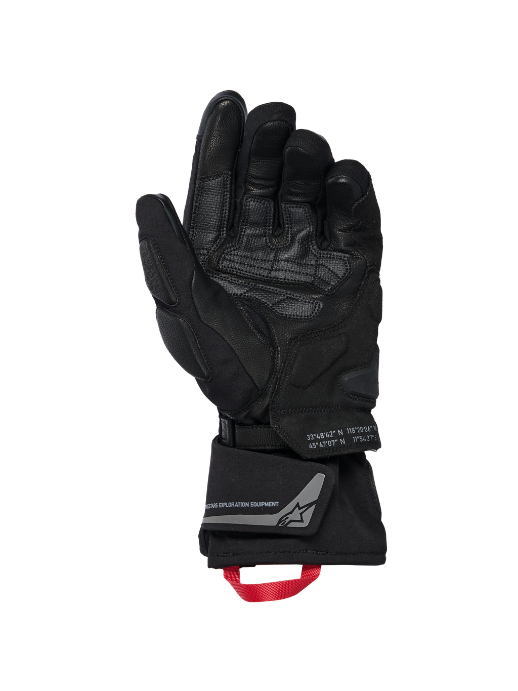 Alpinestars WT-8 GORE-TEX Isolierte Handschuhe, Motorradhandschuhe, Schwarz, Innenansicht der Handfläche zeigt verstärkte Lederbesätze und gepolsterte Slider, lange Stulpe mit einer roten Zugschlaufe und Alpinestars Exploration Equipment Branding mit geografischen Koordinaten, technisches Road- und Adventure-Design