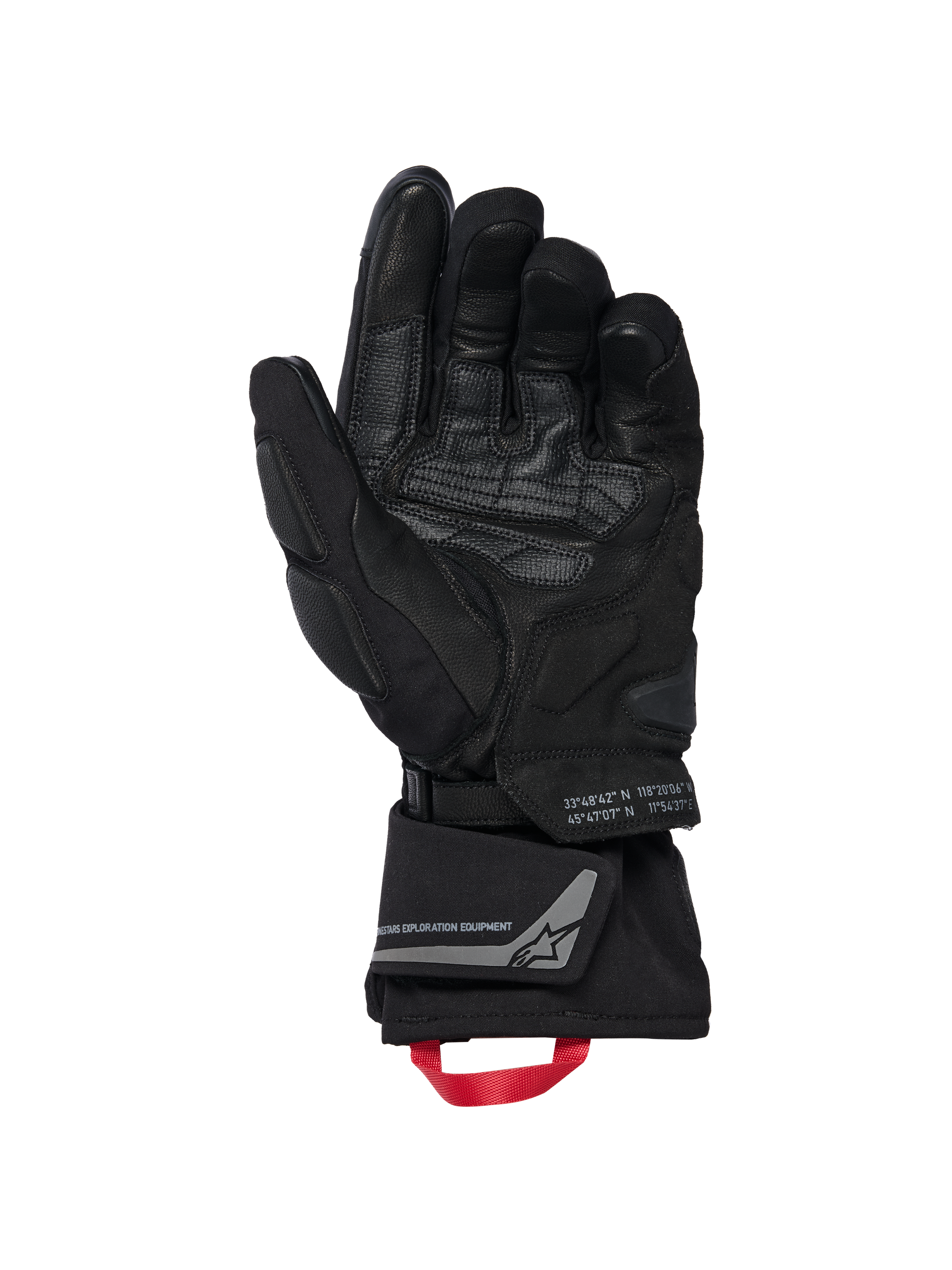 Alpinestars WT-8 GORE-TEX Isolierte Handschuhe, Motorradhandschuhe, Schwarz, Innenansicht der Handfläche zeigt verstärkte Lederbesätze und gepolsterte Slider, lange Stulpe mit einer roten Zugschlaufe und Alpinestars Exploration Equipment Branding mit geografischen Koordinaten, technisches Road- und Adventure-Design