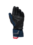 Alpinestars WT-8 GORE-TEX isolierte Handschuhe, Schwarz und Dunkelblau, Handflächenansicht mit Lederverstärkungen und gepolstertem Slider, Design mit langer Stulpe, doppeltem Handgelenkverschluss und roter Zugschlaufe, mit Koordinatendetails und Exploration Equipment Branding.