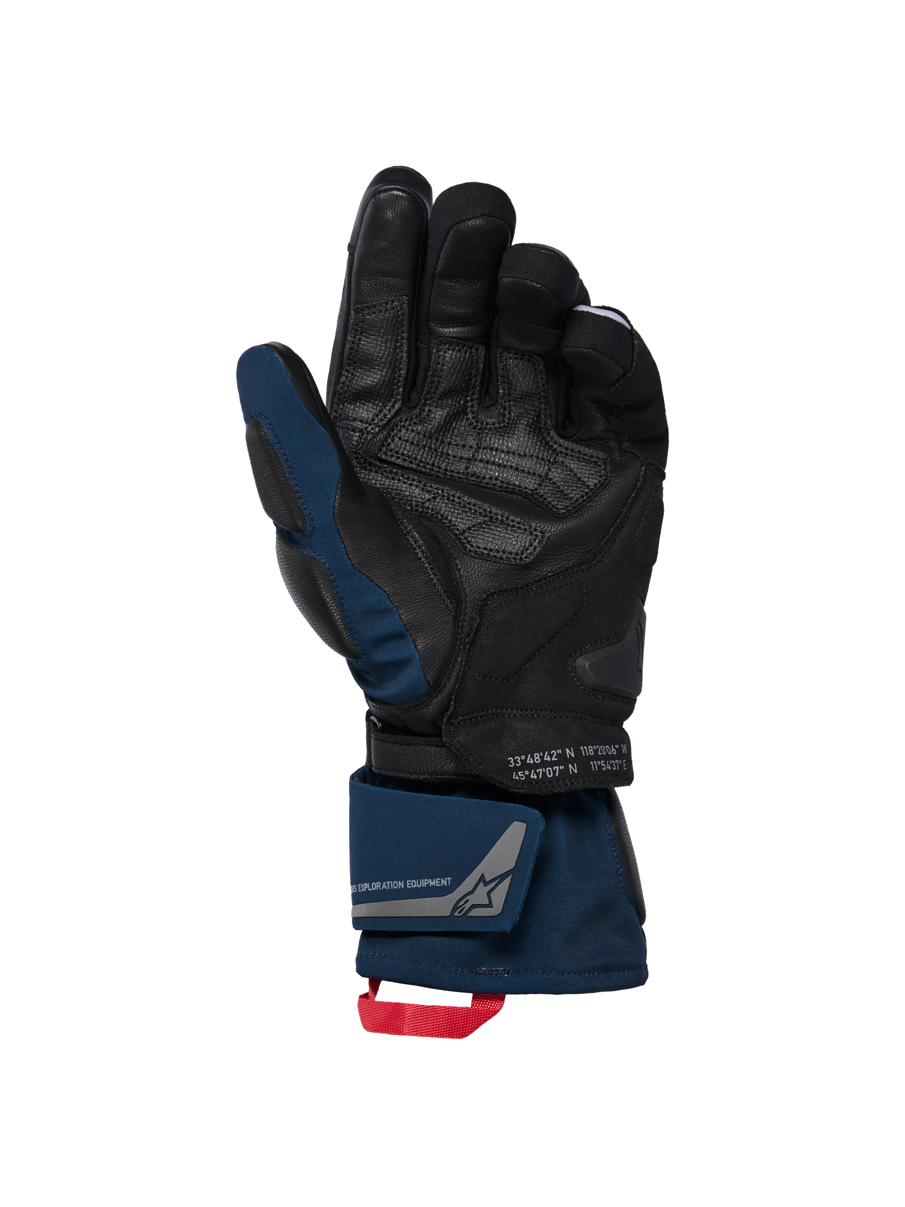 Alpinestars WT-8 GORE-TEX isolierte Handschuhe, Schwarz und Dunkelblau, Handflächenansicht mit Lederverstärkungen und gepolstertem Slider, Design mit langer Stulpe, doppeltem Handgelenkverschluss und roter Zugschlaufe, mit Koordinatendetails und Exploration Equipment Branding.