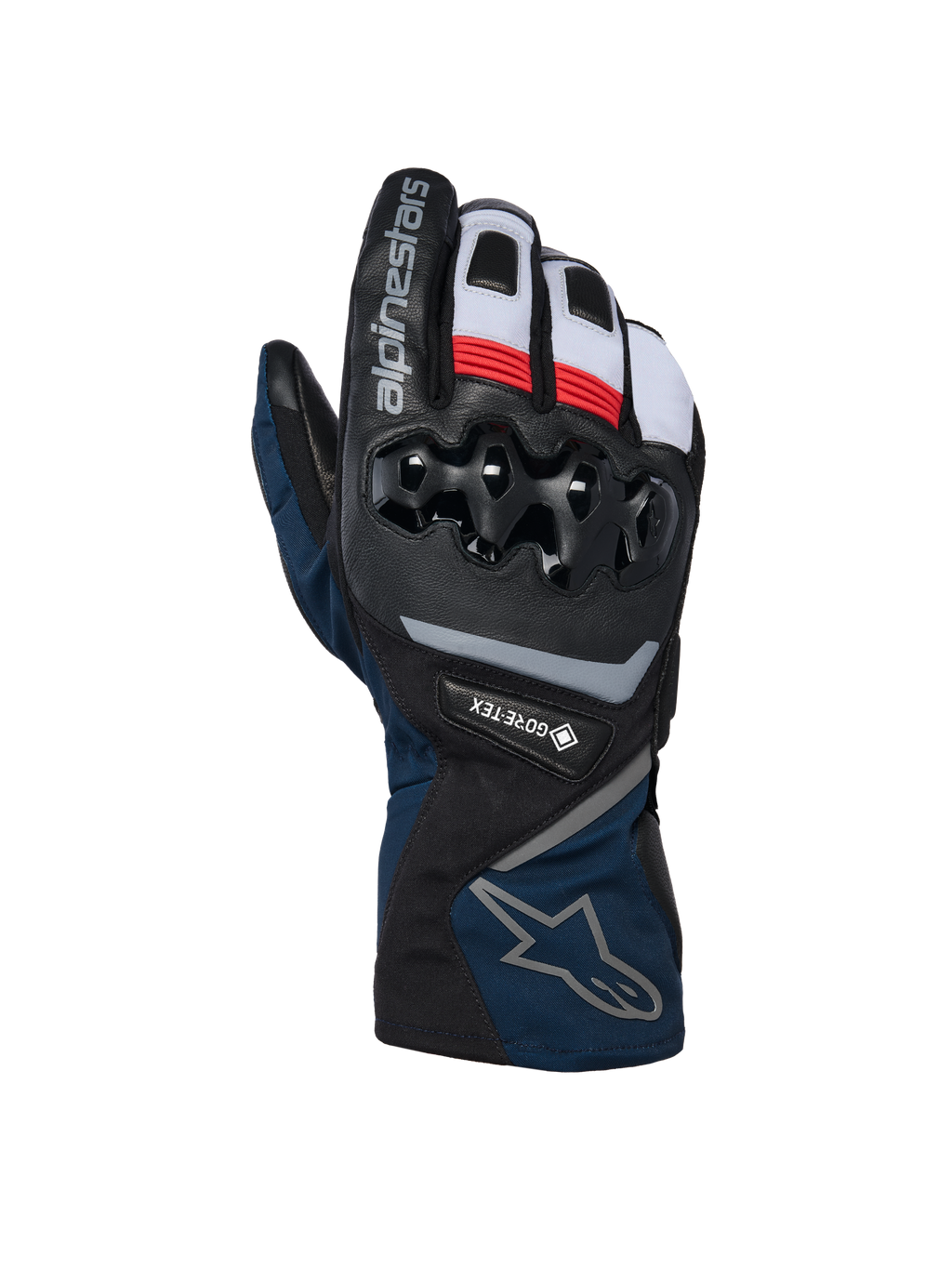 Alpinestars WT-8 GORE-TEX Insulated Gloves, Motorrad-Winterhandschuhe, Schwarz und Dunkelblau mit roten und weißen Akzenten, harter TPU-Knöchelschutz, GORE-TEX Branding, langes Stulpendesign