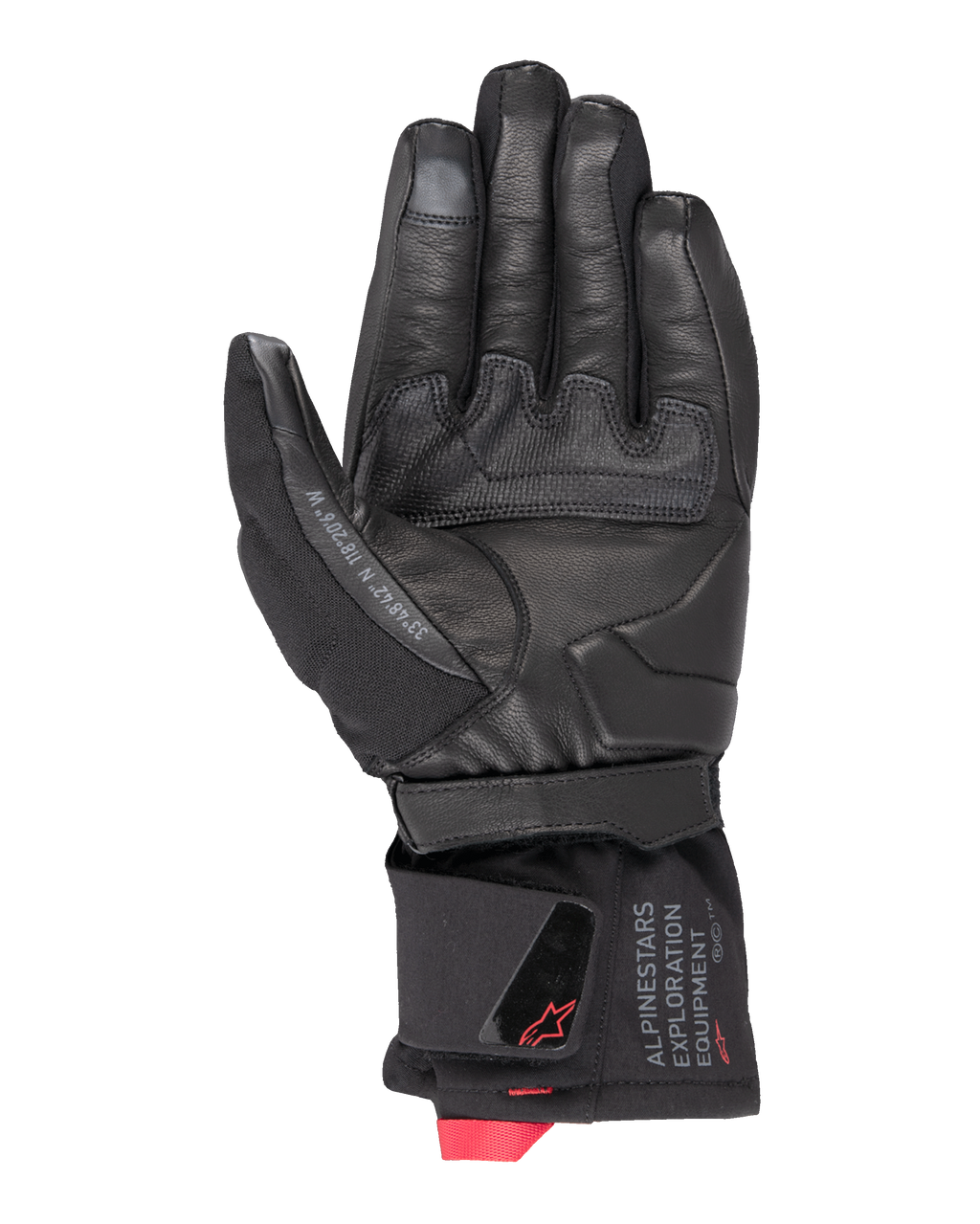 Alpinestars WT-4 GORE-TEX Isolierter Handschuh, Motorradhandschuh, Schwarz, Handflächenansicht mit Lederkonstruktion und einem Gummigriff-Patch, mittellange Manschette mit Alpinestars Exploration Equipment Branding und roten Logo-Akzenten