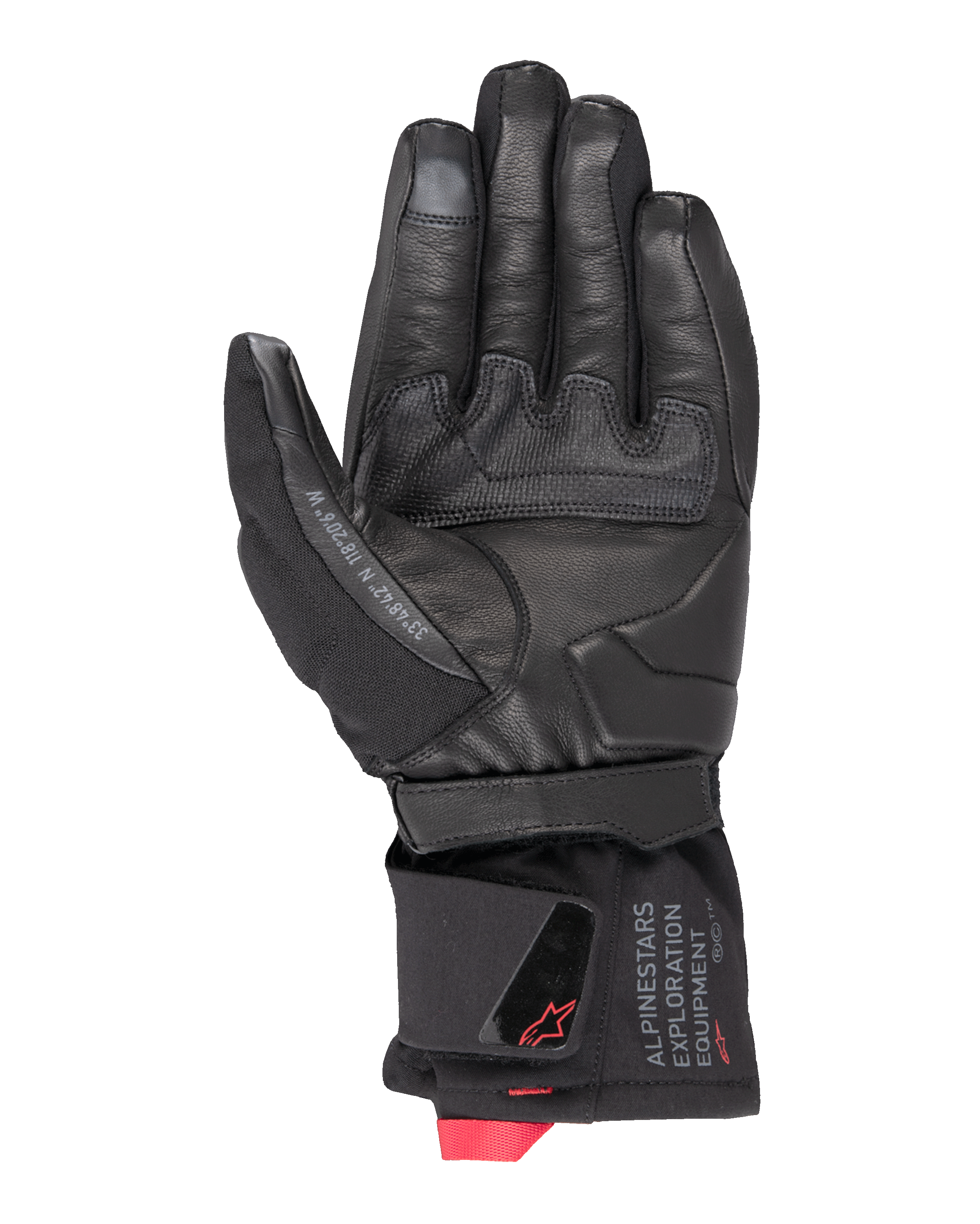 Alpinestars WT-4 GORE-TEX Isolierter Handschuh, Motorradhandschuh, Schwarz, Handflächenansicht mit Lederkonstruktion und einem Gummigriff-Patch, mittellange Manschette mit Alpinestars Exploration Equipment Branding und roten Logo-Akzenten