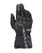 Alpinestars WT-4 GORE-TEX Isolierter Handschuh, Schwarzer Motorradhandschuh, Hartschalen-Knöchelschutz, Leder- und Textilkonstruktion, Wasserdichte GORE-TEX Technologie, Silbernes Alpinestars Logo und Wortmarke an der Manschette, Roter Akzent am Handgelenk, Winter-Motorradhandschuh