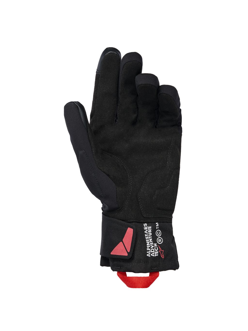Alpinestars XT-3 Drystar® Thermo-Handschuhe, schwarze Motorradhandschuhe, Handflächenansicht mit Wildleder-Material und roter Anziehschlaufe, Alpinestars Adventure Tech Branding am Bündchen, wasserdichte Winterausrüstung