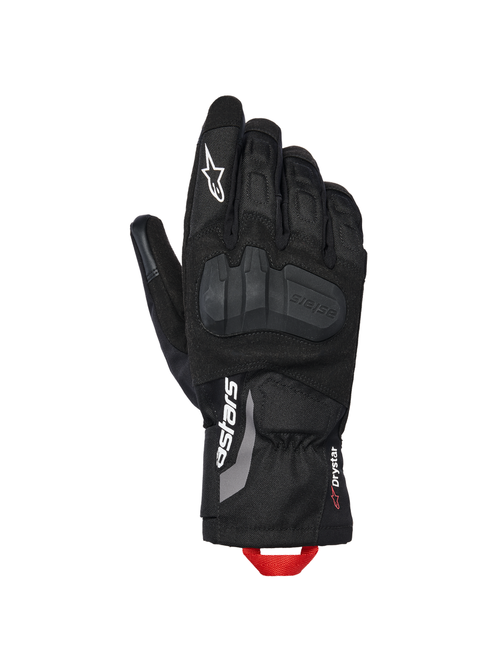 Alpinestars XT-3 Drystar® isolierte Handschuhe, Motorrad-Adventure-Handschuhe, Schwarz mit weißem Branding und roter Anziehschlaufe, mit integriertem Knöchelschutz, Textil- und Wildlederkonstruktion, mittellange Stulpe