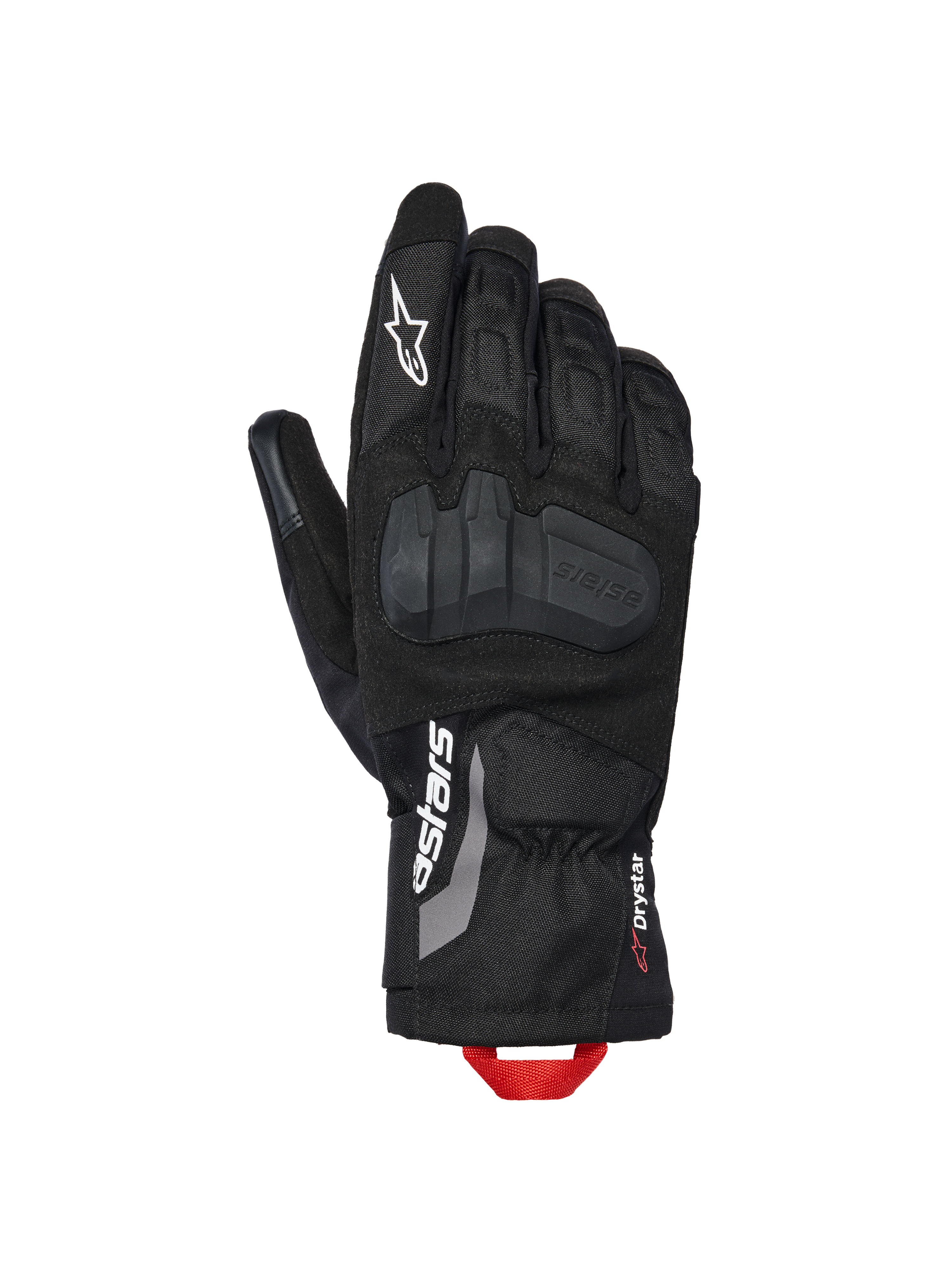 Alpinestars XT-3 Drystar® isolierte Handschuhe, Motorrad-Adventure-Handschuhe, Schwarz mit weißem Branding und roter Anziehschlaufe, mit integriertem Knöchelschutz, Textil- und Wildlederkonstruktion, mittellange Stulpe