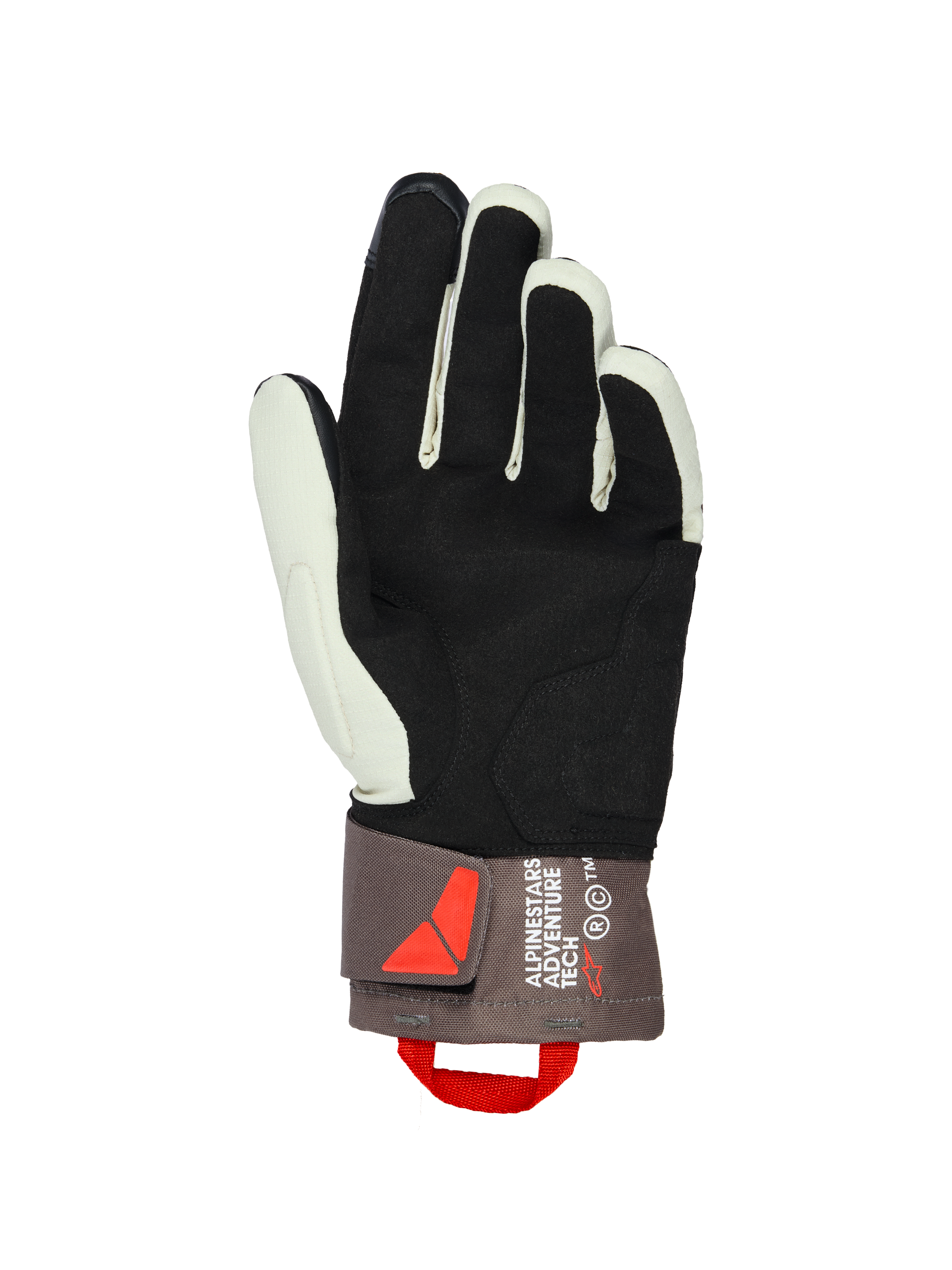 Alpinestars XT-3 Drystar® Isolierhandschuhe, Ansicht der Handfläche, Dunkelbraun, Sand und Schwarz, mit weicher Wildleder-Handfläche für Griffigkeit, mittellange Manschette mit Alpinestars Adventure Tech Branding, roter Anziehschlaufe und Klettverschluss, Adventure-Motorradausrüstung